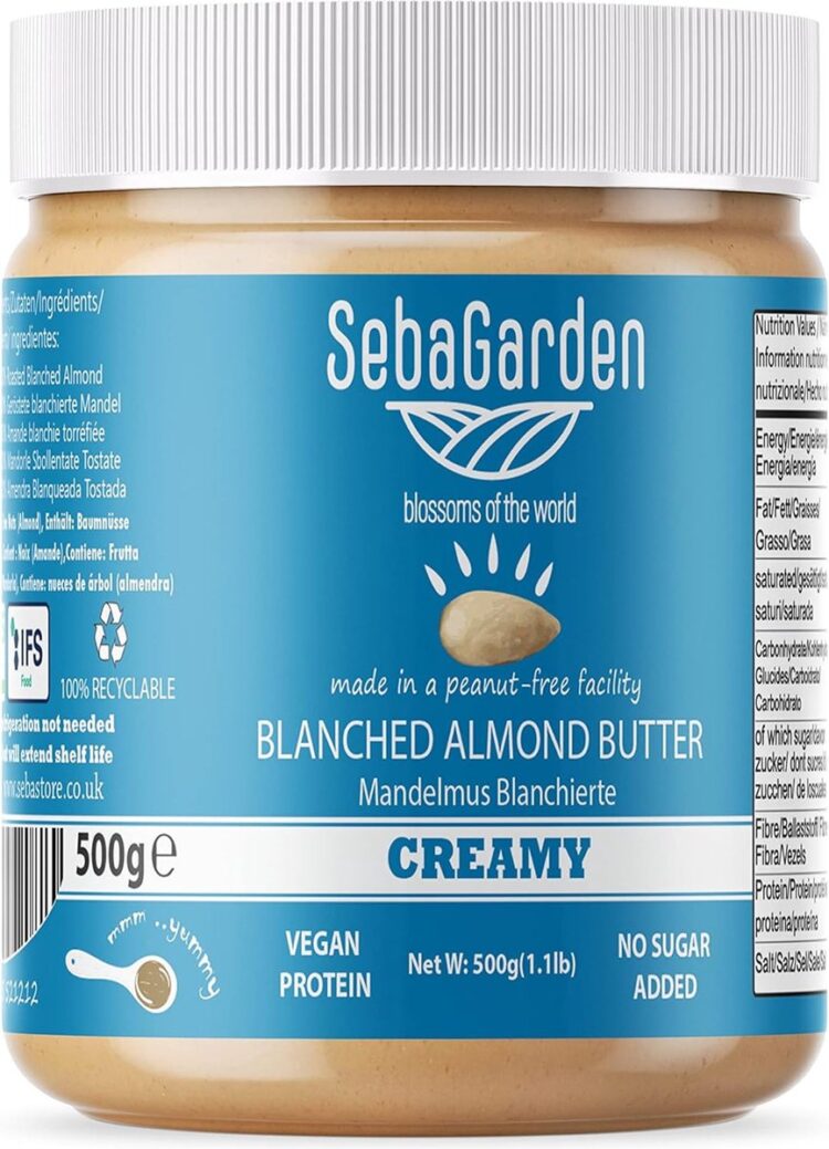 Seba Garden Geblancheerde Amandelboter 500 gr, zoutvrij, ongezoet, glutenvrij, pindavrij, veganistisch, paleo Seba Garden Blanched Almond Butter, 500 gr