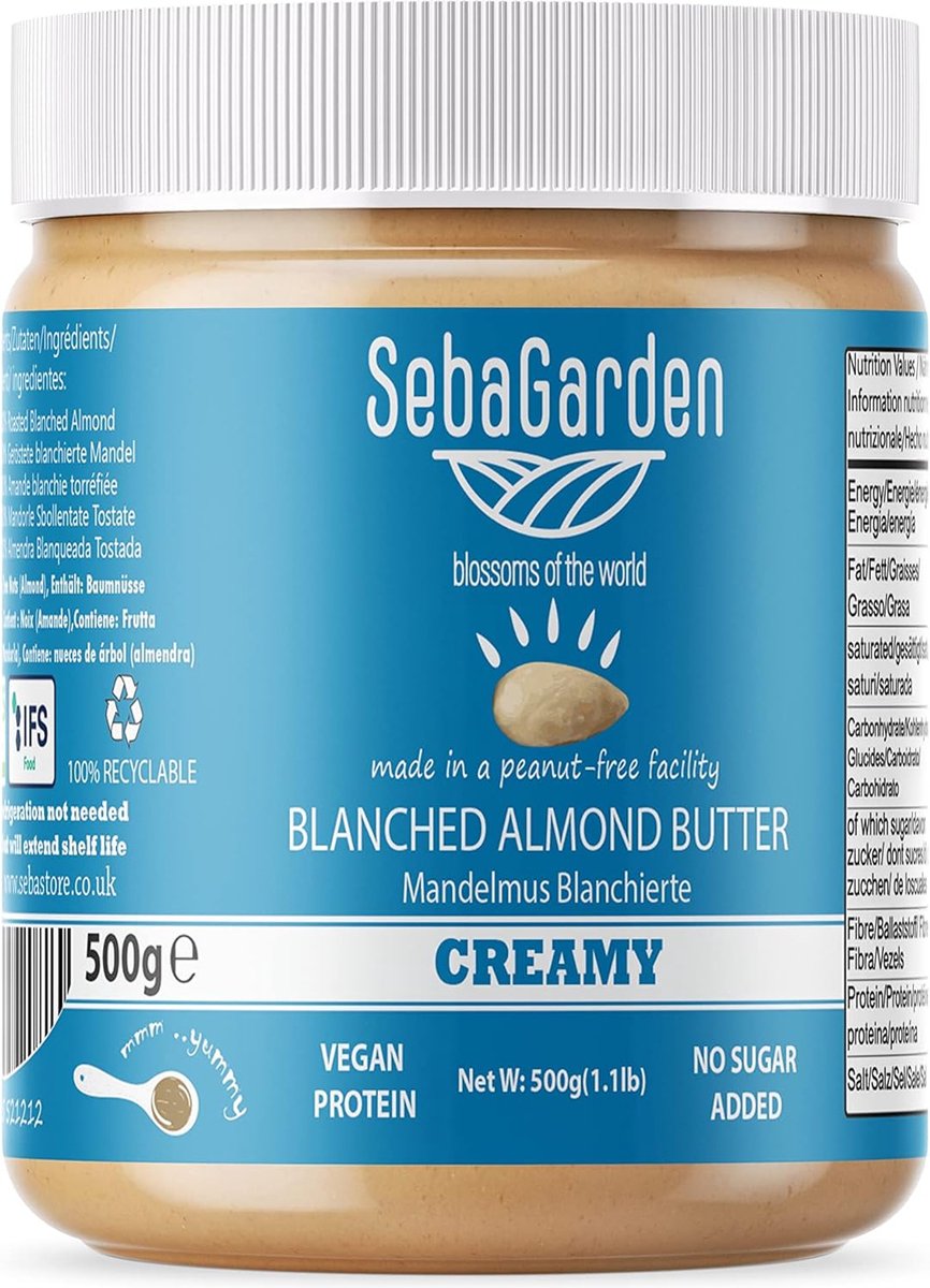 Seba Garden Geblancheerde Amandelboter 500 gr, zoutvrij, ongezoet, glutenvrij, pindavrij, veganistisch, paleo Seba Garden Blanched Almond Butter, 500 gr