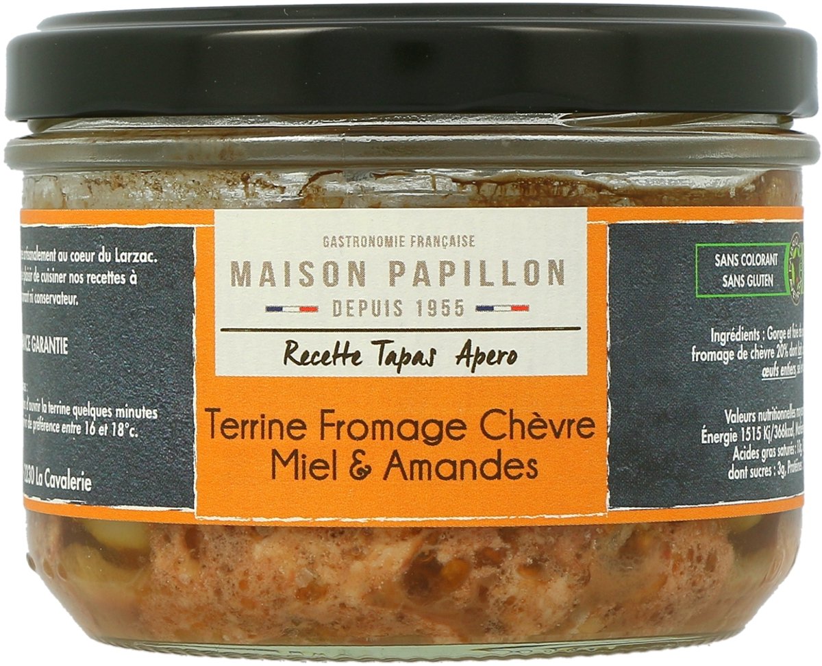 Trio Terrines - Varkensterrine met Geitenkaas, Amandelen & Honing, ambachtelijk en volledig natuurlijk uit Frankrijk, 3×160 g