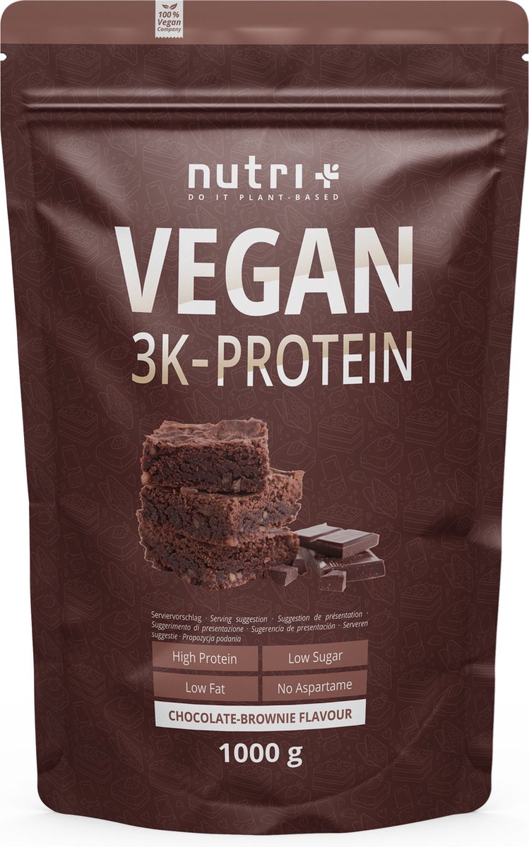nutri+ Vegan 3K Protein - Eiwitpoeder Chocolate Brownie - Veganistisch proteïne poeder - met proteïnen uit soja, erwten en zonnebloem - lactosevrij en glutenvrij - 1000 g