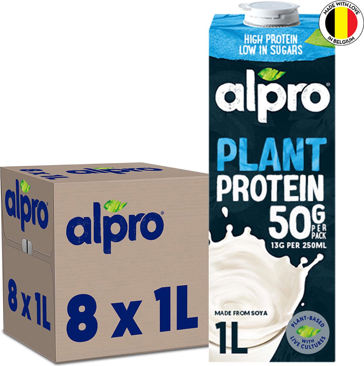 Alpro Sojadrink Hoog in Proteïnen - Plantaardige Proteïnedrink - Lactosevrij - Glutenvrij - 8 x 1L