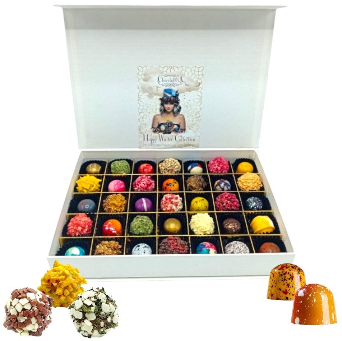 Handgemaakte chocolade Luxe Kerstcadeau Box | 35 Unieke & Kleurrijke Handgemaakte Truffels | Zelf Samenstellen (Vegan/Halal puur melk en andere Opties)