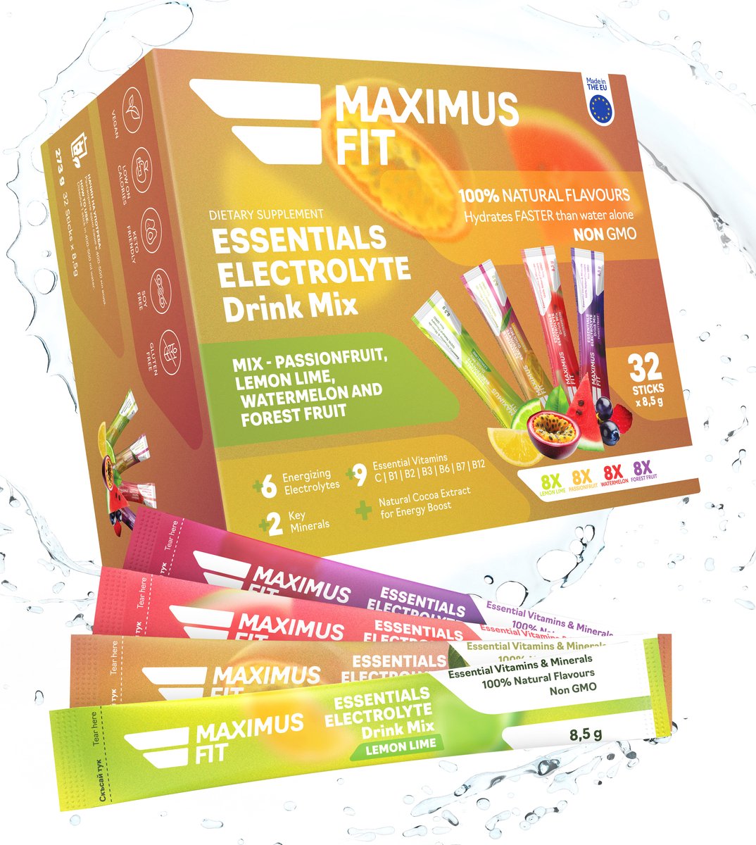 MaximusFit Elektrolyten - Elektrolyten Poeder - 32 zakjes van 8.5g - Weinig Suiker - Keto Friendly - Mix (8st. Citroen/Limoen, 8st. Watermeloen, 8st. passievrucht, 8st. Bosvruchten)
