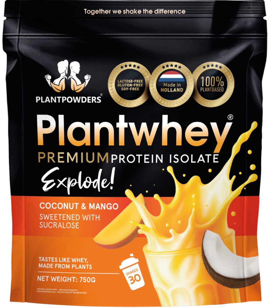 Plantpowders - Plantwhey® Explode - S'Werelds Eerste Plantaardige Eiwitshake Zonder Zandsmaak! - Lactosevrij - Proteïne Poeder - Eiwitpoeder - Vegan Proteïne Shake - Kokos Mango - 750 gram (30 shakes)