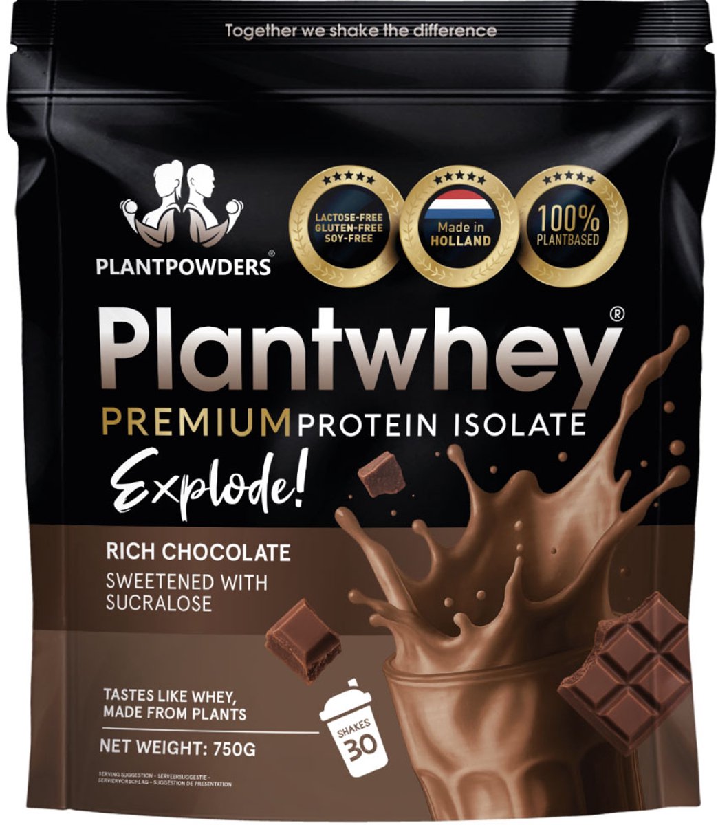 Plantpowders - Plantwhey® Explode - S'Werelds Eerste Plantaardige Eiwitshake Zonder Zandsmaak! - Lactosevrij - Proteïne Poeder - Eiwitpoeder - Vegan Proteïne Shake - Chocolade - 750 gram (30 shakes)