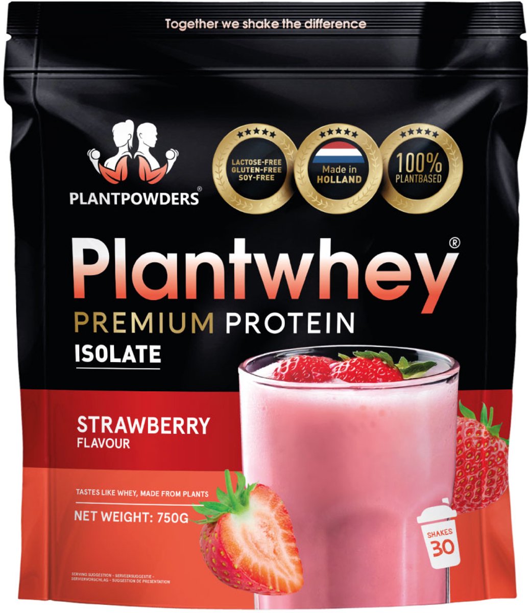 Plantpowders - Plantwhey® - S'Werelds Eerste Plantaardige Eiwitshake Zonder Zandsmaak! - Lactosevrij - Proteïne Poeder - Eiwitpoeder - Vegan Proteïne Shake - Aardbei - 750 gram (30 shakes)