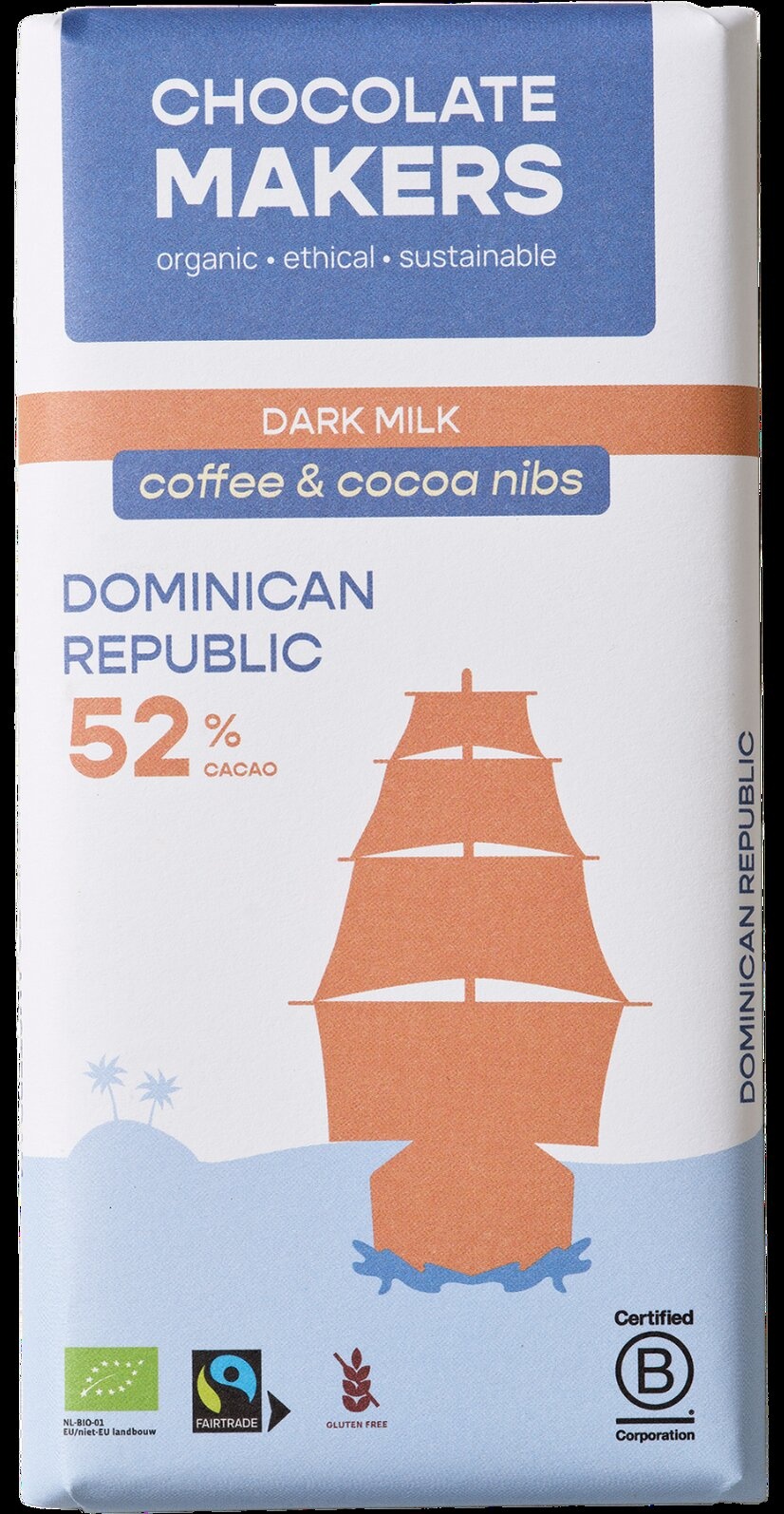 Reep tres hombres 52% melk cacaonibs & koffie bio 80 Gram