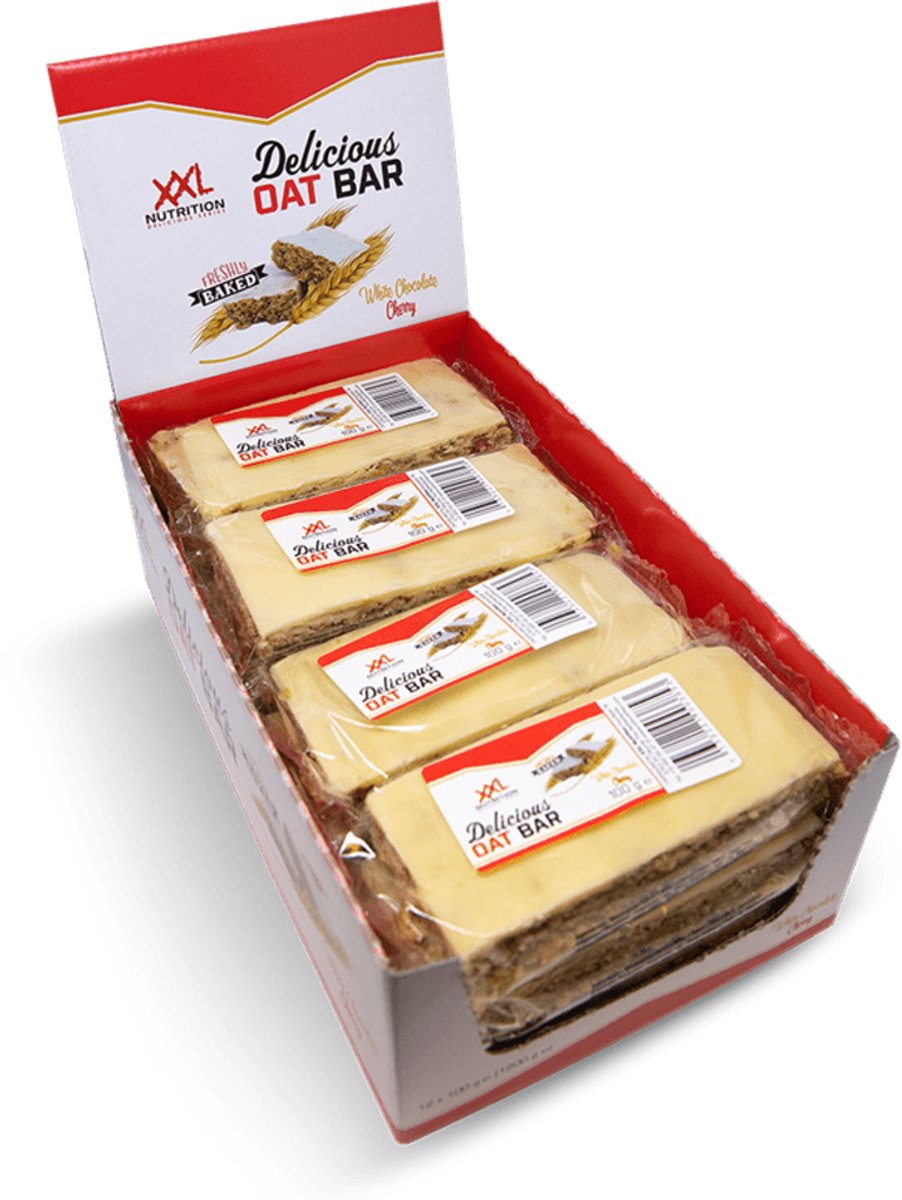 XXL Nutrition - Delicious Oat Bar - Havermoutreep Supplement - Reep van Havermout - Gezonde Snack - Diverse Smaken - Witte Chocolade Kers - 12 Pack