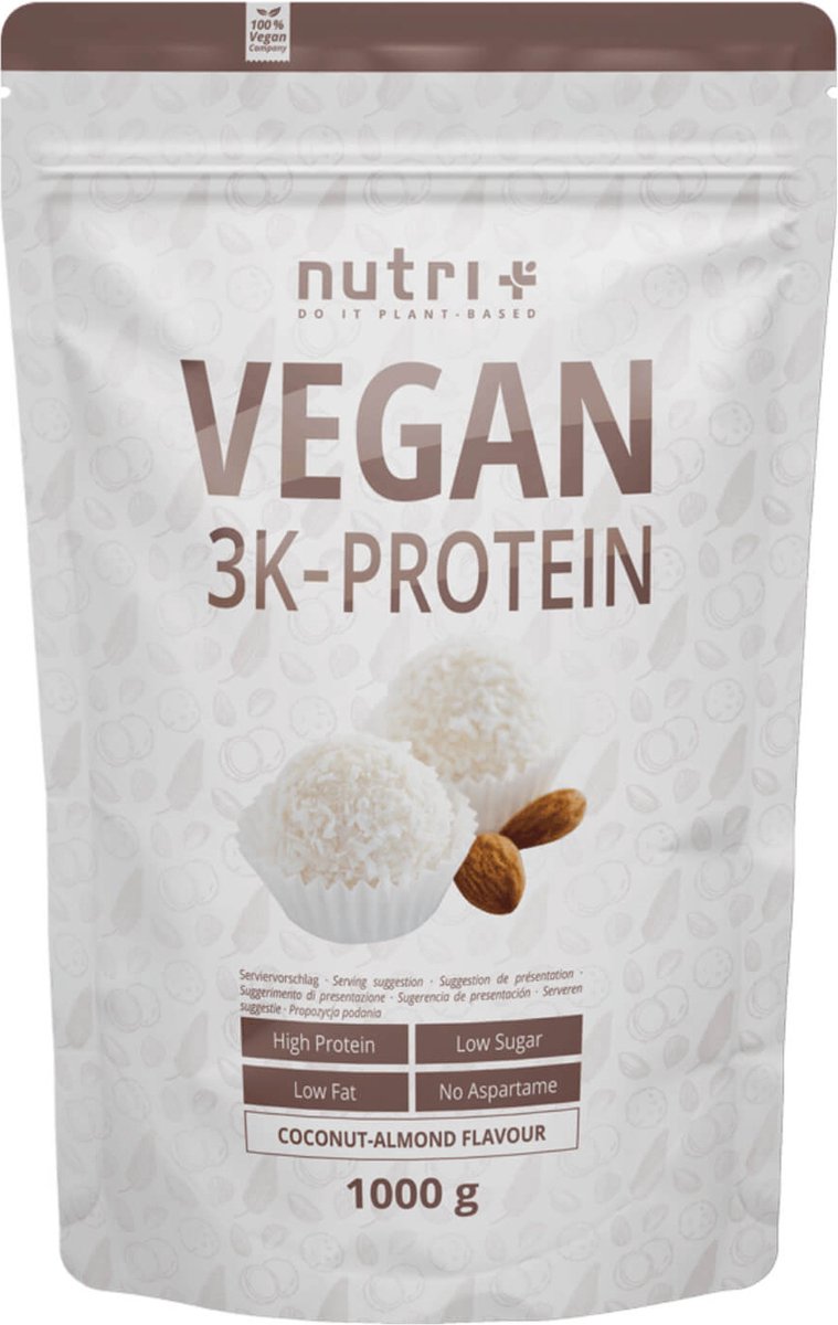 nutri+ Vegan 3K Protein - Eiwitpoeder Coconut Almond - Veganistisch proteïne poeder - met proteïnen uit soja, erwten en zonnebloem - lactosevrij en glutenvrij - 1000 g