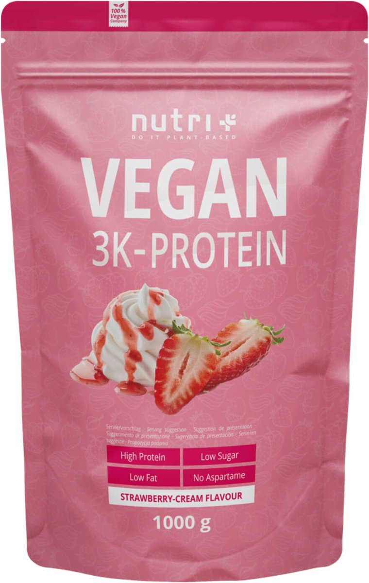 nutri+ Vegan 3K Protein - Eiwitpoeder Strawberry Cream - Veganistisch proteïne poeder - met proteïnen uit soja, erwten en zonnebloem - lactosevrij en glutenvrij - 1000 g