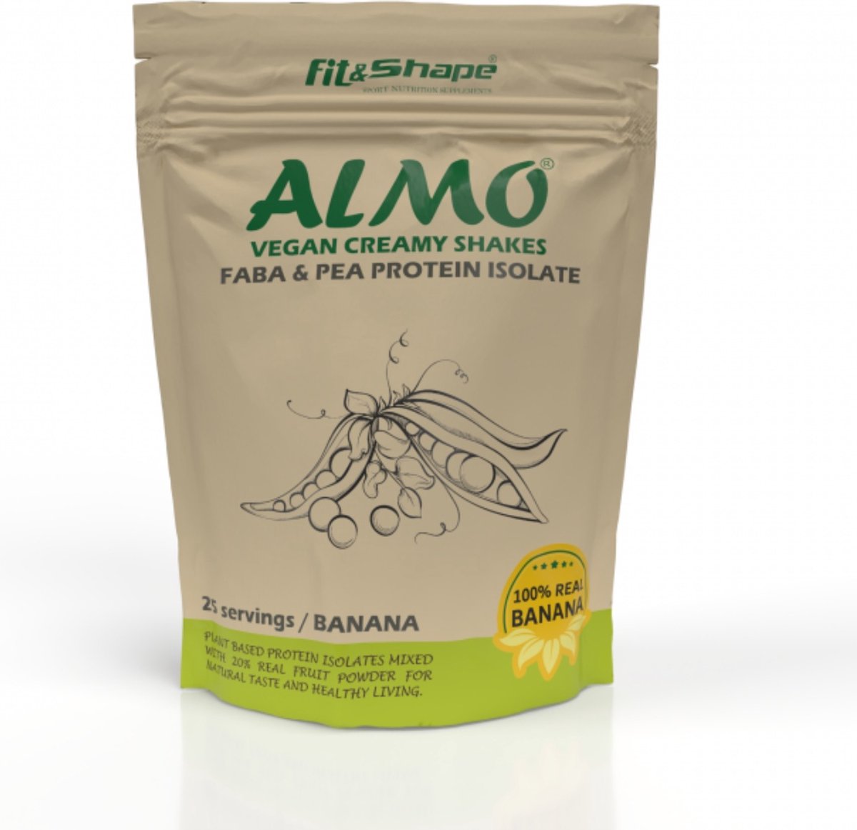 Fit&Shape ALMO Plantaardig Eiwitpoeder (Smaak: banaan) - Vegan Eiwitshake -Vegan Protein Blend - Biologisch Erwten & FABA eiwit isolaat- 750gram (25 Shakes) inclusief maatschep (Plant-based Protein - Vegan Protein - Plantaardig Proteine Poeder)