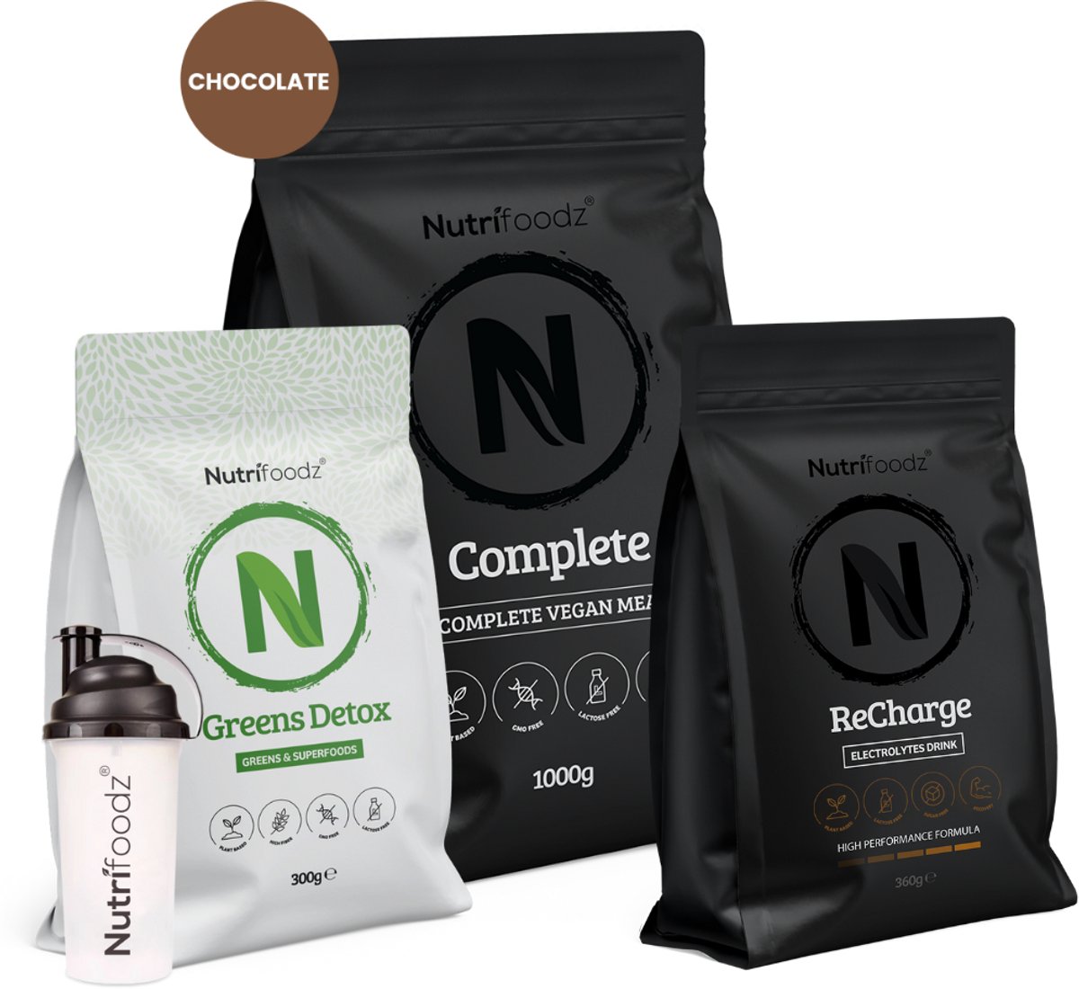 Nutrifoodz Noodpakket Chocolate - Noodrantsoen - Complete Maaltijden & Hydratatie - 72 Uur Zelfvoorzienend - Vegan - Inclusief Shakebeker - Complete Chocolate - Greens Detox - ReCharge