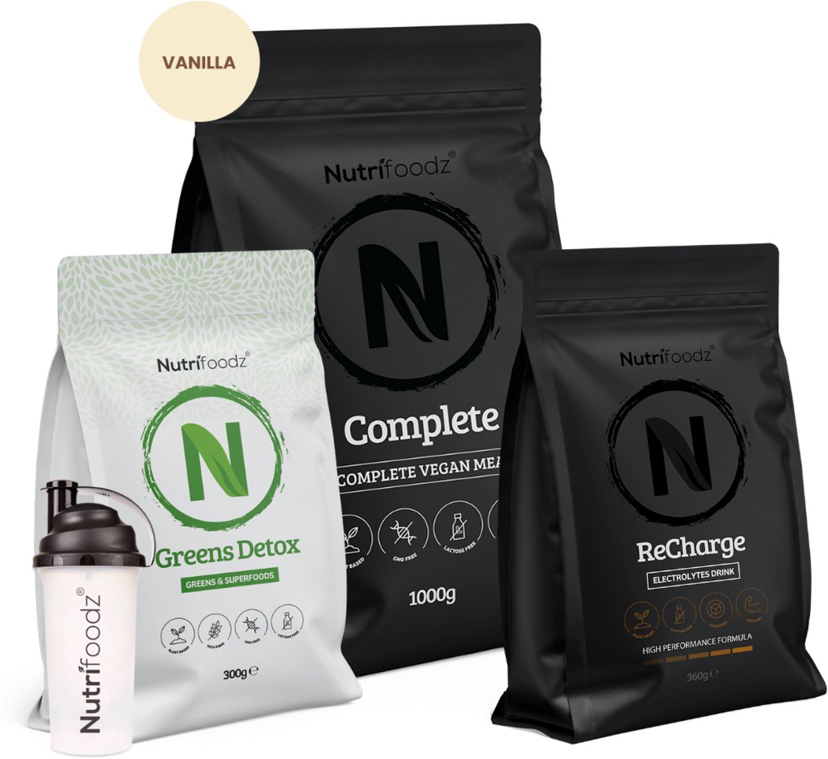 Nutrifoodz Noodpakket Vanilla - Noodrantsoen - Complete Maaltijden & Hydratatie - 72 Uur Zelfvoorzienend - Vegan - Inclusief Shakebeker - Complete Vanilla - Greens Detox - ReCharge