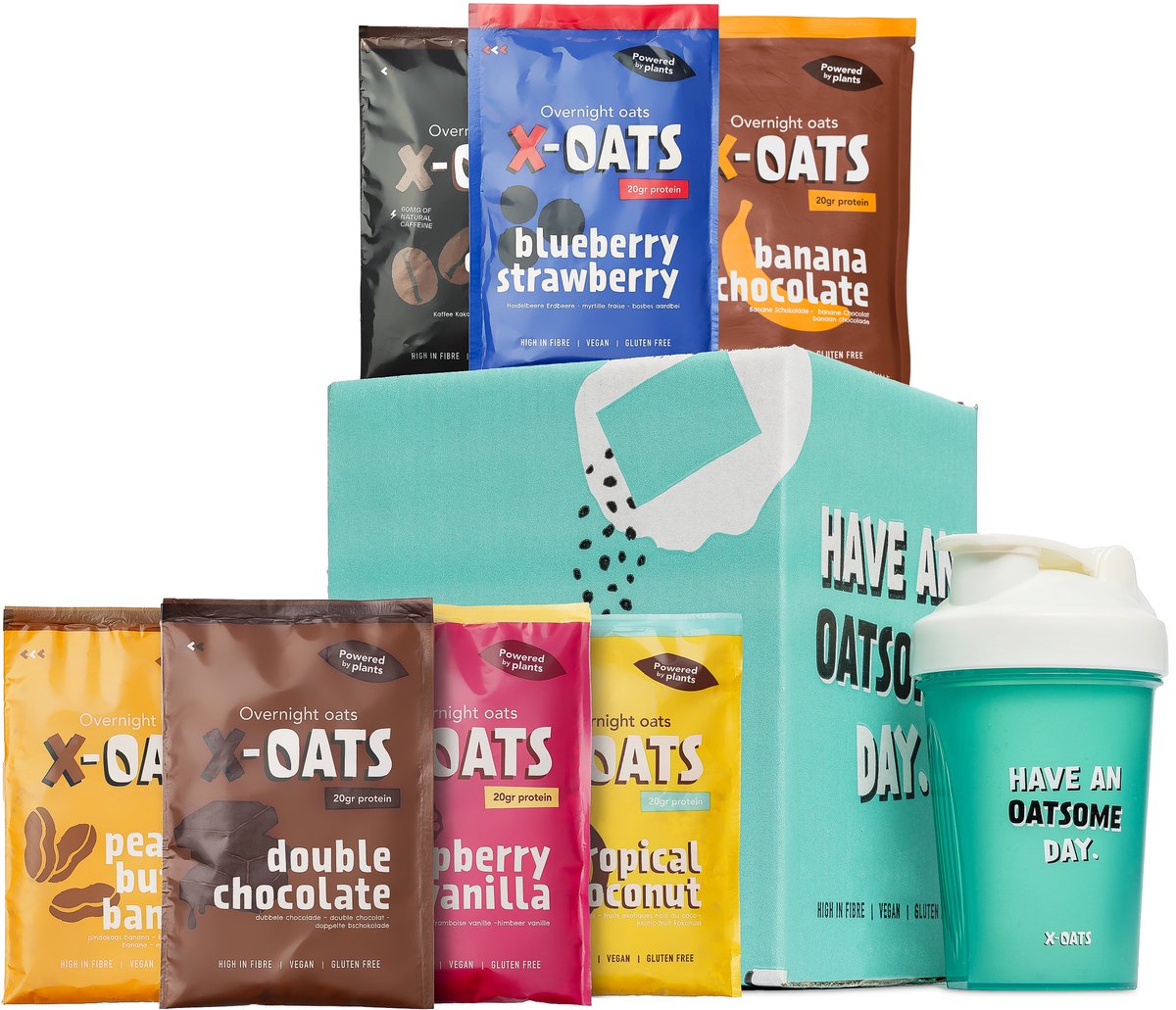 X-OATS ONTBIJSHAKE- 8x70gr maaltijd - 20g eiwit per portie, suikerarm, vegan, glutenvrij[1xappel/kaneel, 1xkoffie/cacao, 1xbanaan/chocolade, 1xbosbes/aardbei, 1xpindakaas/banaan, 1xdouble chocolade, 1xtropical/kokos, 1x framboos/vanille, 1xshaker]