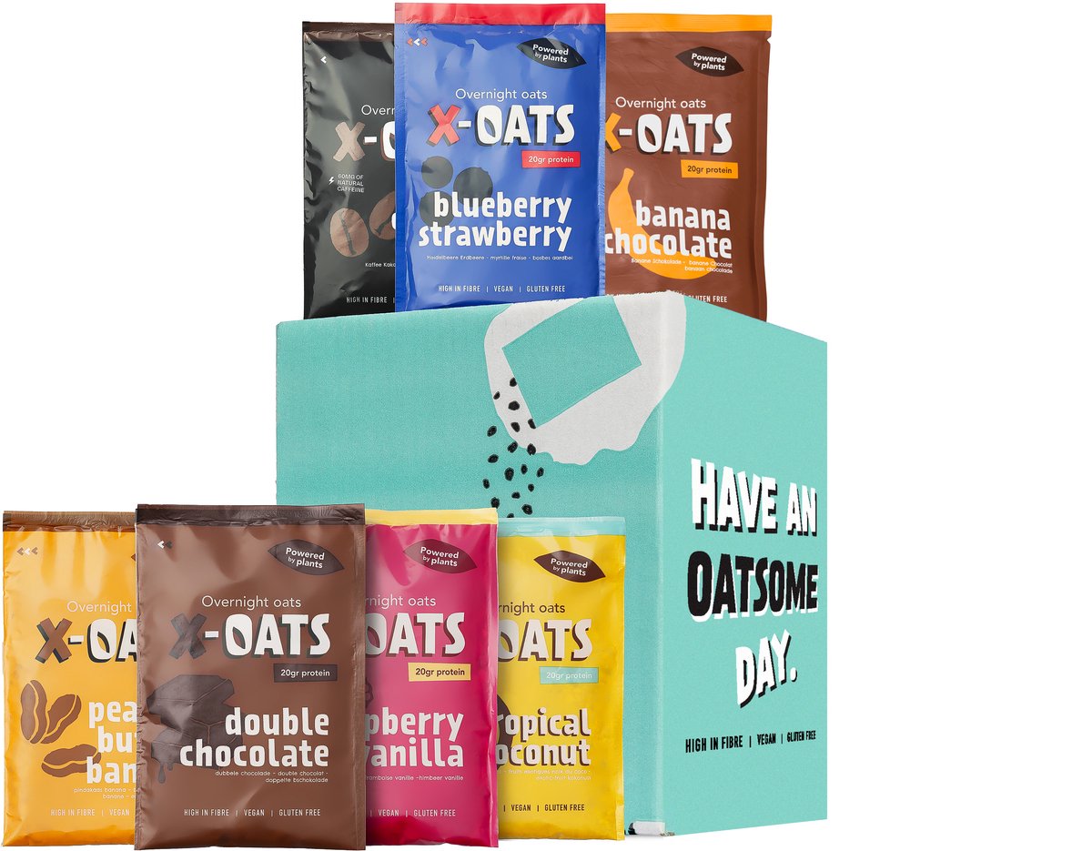 X-OATS ONTBIJTSHAKE- 24x70gr maaltijd - 20g eiwit per portie, suikerarm, vegan, glutenvrij, 24-pack [3xappel/kaneel,3x koffie/cacao, 3x banaan/chocolade, 3xbosbes/aardbei, 3xpindakaas/banaan, 3xdouble chocolade, 3xtropical/kokos, 3xframboos/vanille]