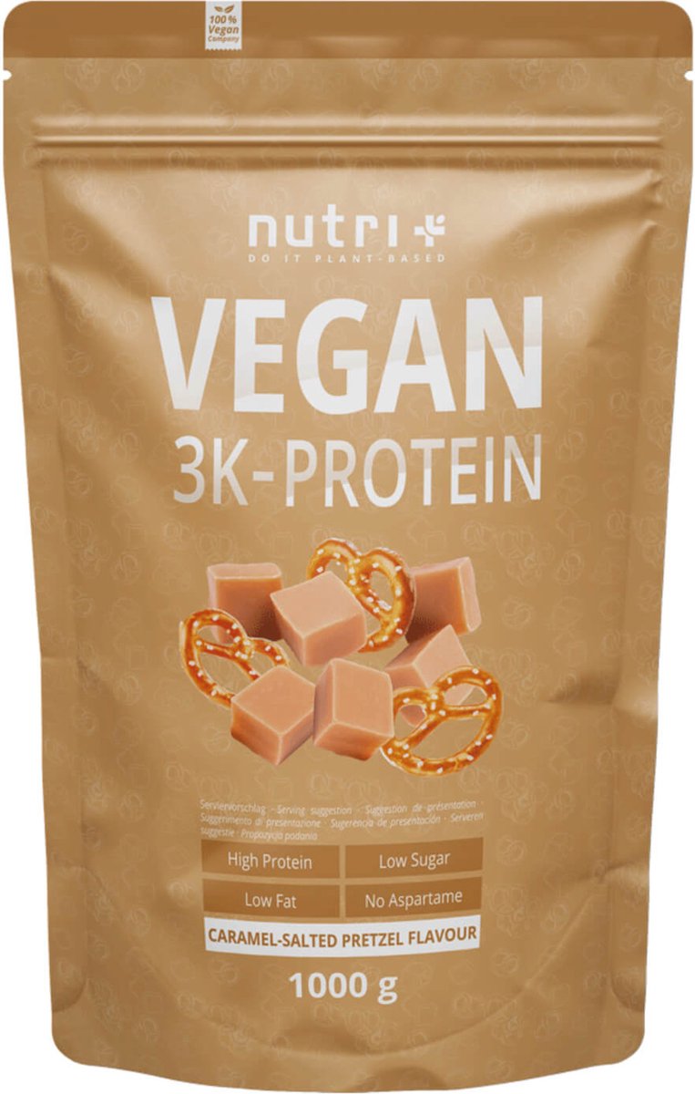 nutri+ Vegan 3K Protein - Eiwitpoeder Caramel Salted Pretzel - Veganistisch proteïne poeder - met proteïnen uit soja, erwten en zonnebloem - lactosevrij en glutenvrij - 1000 g
