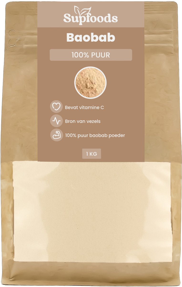 Baobab Poeder 100% Puur - 1kg - Baobab is Van nature rijk aan Vitamine C en Vezels - Perfect voor Smoothies, Ontbijt en Bakken