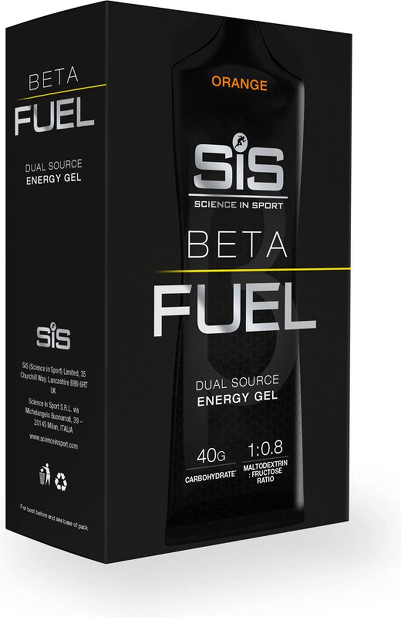 Science in Sport - SIS Beta Fuel - Dual Source energy gel - Orange smaak - 1 : 0,8 Maltodextrine Fructose verhouding - 40 gram koolhydraten per gel - 6 x 60ml