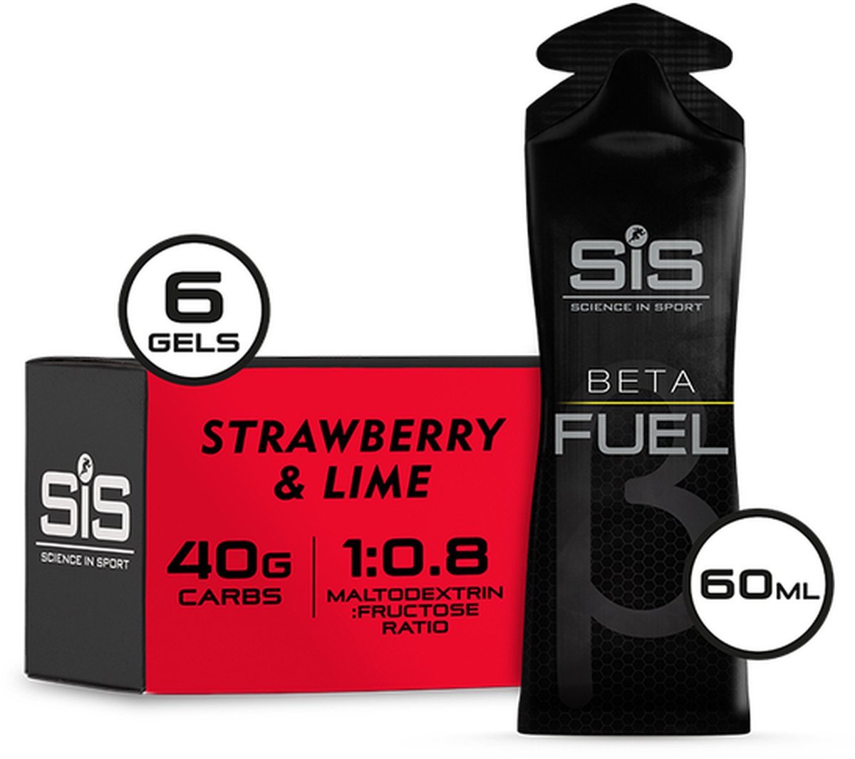 Science in Sport - SIS Beta Fuel - Dual Source energy gel - Strawberry & Lime smaak - 1 : 0,8 Maltodextrine Fructose verhouding - 40 gram koolhydraten per gel - 6 x 60ml