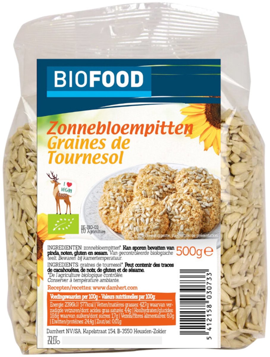 Damhert Biofood Zonnebloempitten Biologisch - 3 x 500 gr - Voordeelverpakking