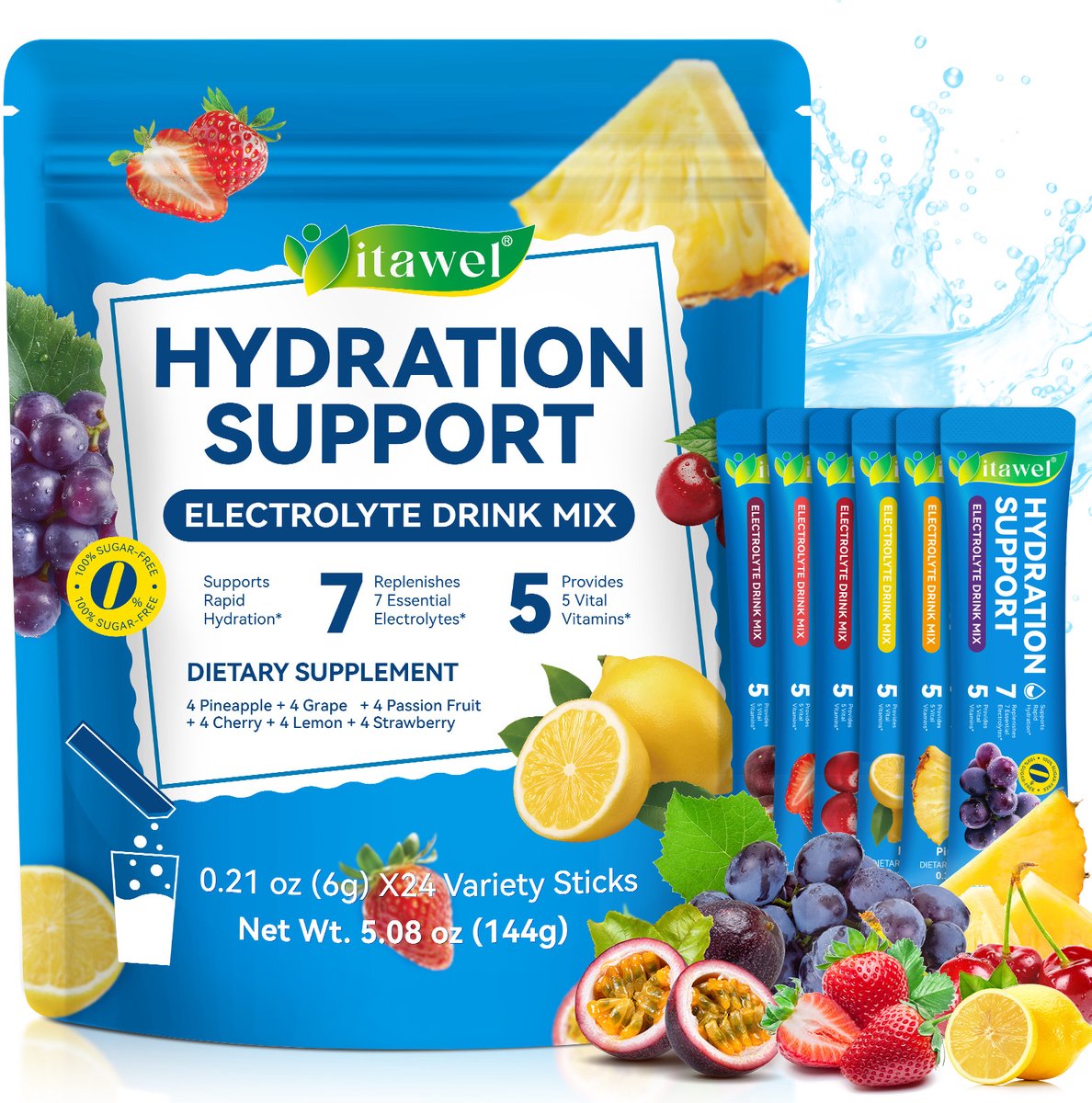 Itawel Hydration Support Electrolyte Drink Mix Sticks - Suikervrij - 24 Sachets - 5 Vitamines & 7 Elektrolyten - Hydratatie Supplement - Mix met Water