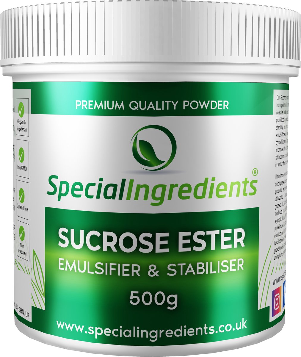 Sucrose Ester Poeder - 500 g - Emulgator & Textuurverbeteraar - Verbetert Stabiliteit & Luchtigheid - Perfect voor Chocolade, IJs & Bakkerijproducten - Vegan & Glutenvrij - Moderne Gastronomie - Moleculair Koken - Hersluitbare Pot - Recycled Plastic