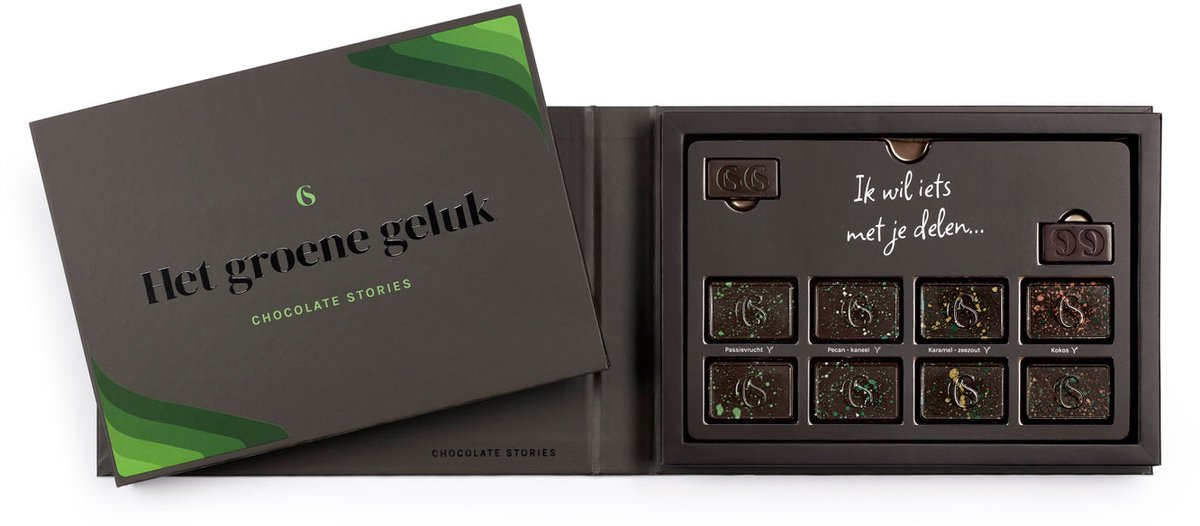 Chocolate Stories Het groene geluk - Vegan Cadeaubox - Glutenvrij & Lactosevrij - Ambachtelijke bonbon mix - 100% Plantaardig