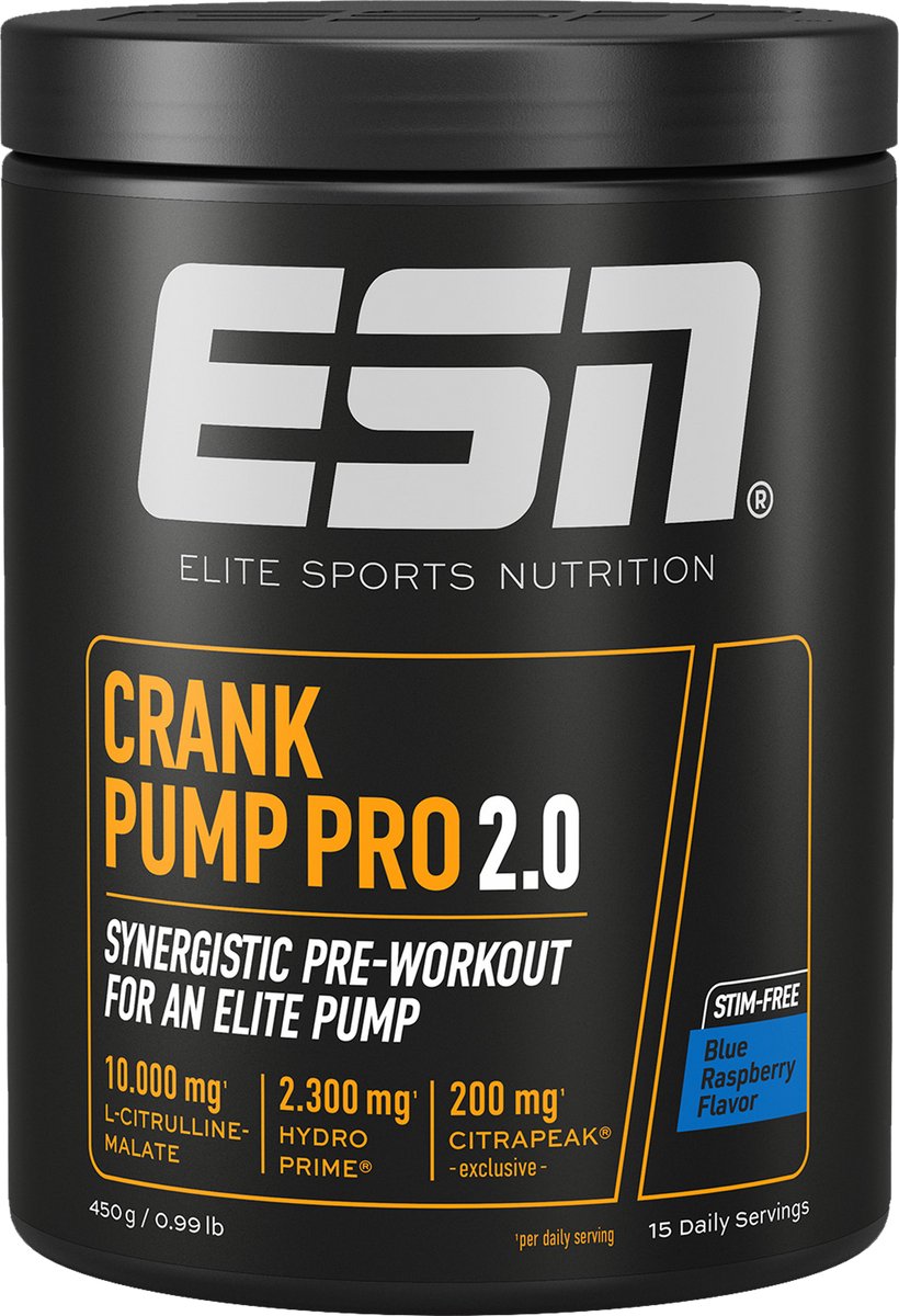ESN Crank Pump Pro, Blue Raspberry, 450 g, 15 Porties, Pre Workout Booster met L-Citrulline Malate - Vegan - Gemaakt in Duitsland