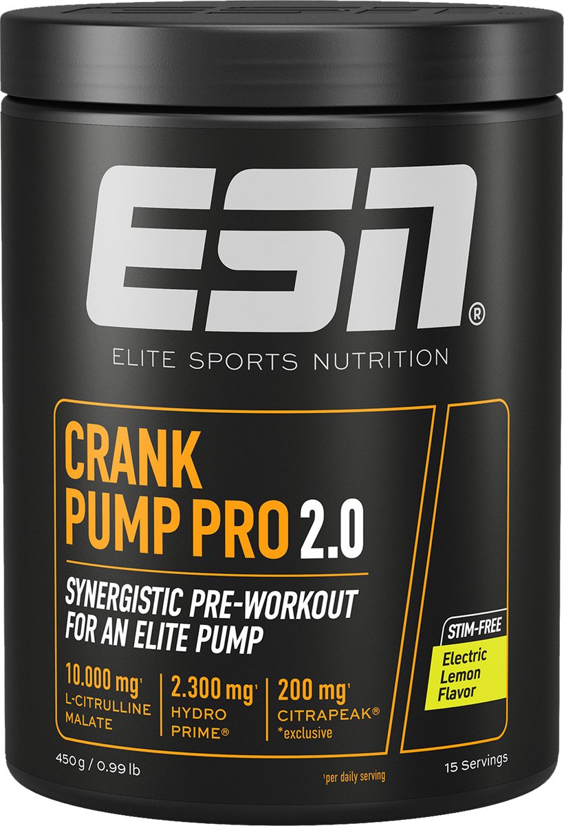 ESN Crank Pump Pro, Electric Lemon, 450 g, 15 Porties, Pre Workout Booster met L-Citrulline Malate - Vegan - Gemaakt in Duitsland