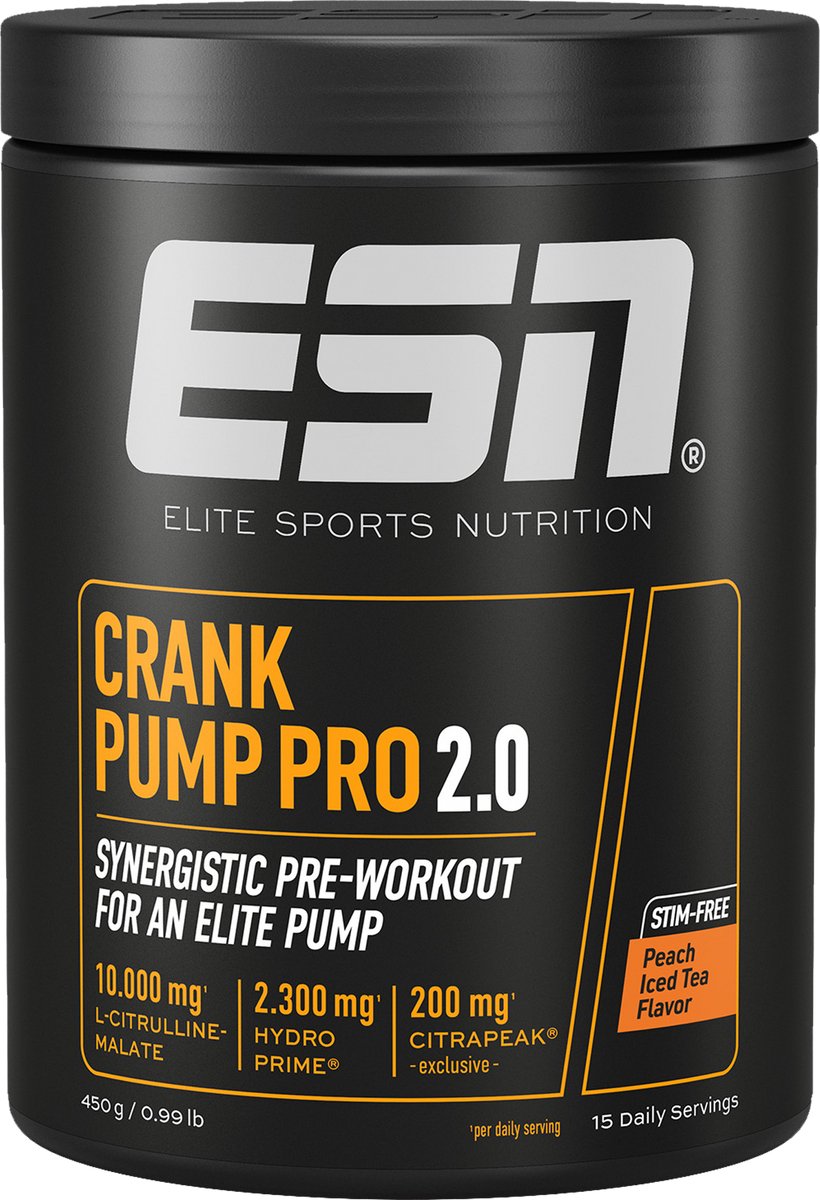 ESN Crank Pump Pro, Peach Iced Tea, 450 g, 15 Porties, Pre Workout Booster met L-Citrulline Malate - Vegan - Gemaakt in Duitsland