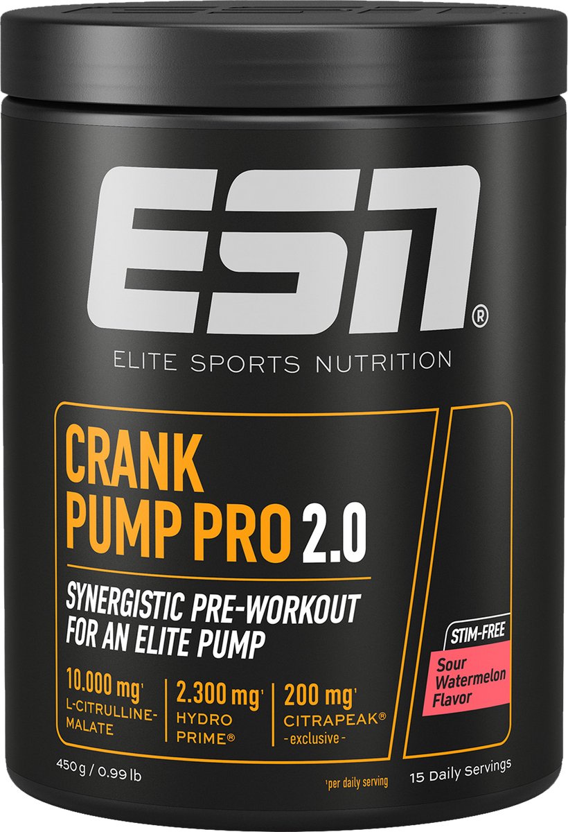 ESN Crank Pump Pro, Sour Watermelon, 450 g, 15 Porties, Pre Workout Booster met L-Citrulline Malate - Vegan - Gemaakt in Duitsland