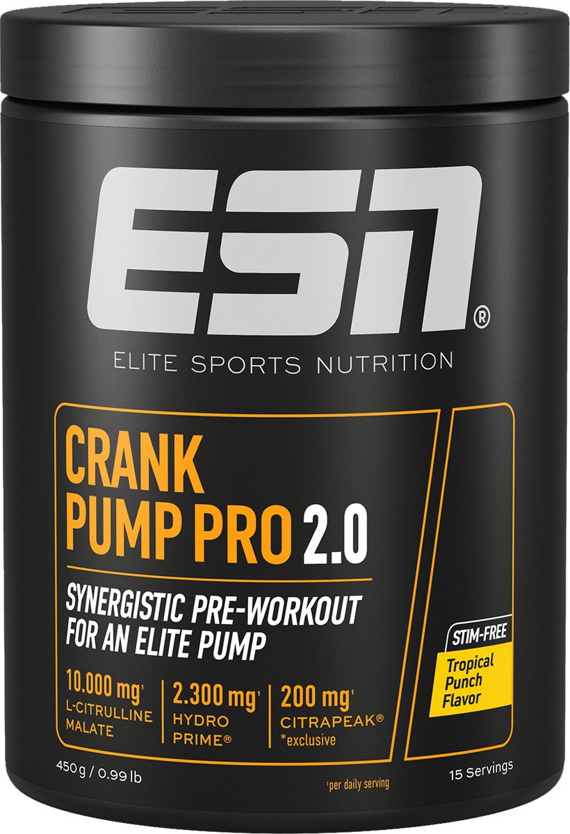 ESN Crank Pump Pro, Tropical Punch, 450 g, 15 Porties, Pre Workout Booster met L-Citrulline Malate - Vegan - Gemaakt in Duitsland