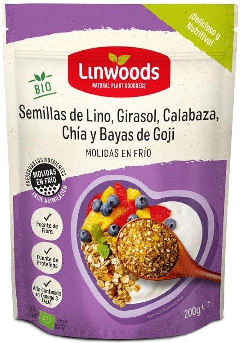 Lijnzaad, Zonnebloem, Pompoen, Chia en Goji Bessen 200 g|Flax Seeds, Sunflower, Pumpkin, Chia and Goji Berries 200 g|Graines de lin, tournesol, citrouille, baies de chia et de goji 200 g