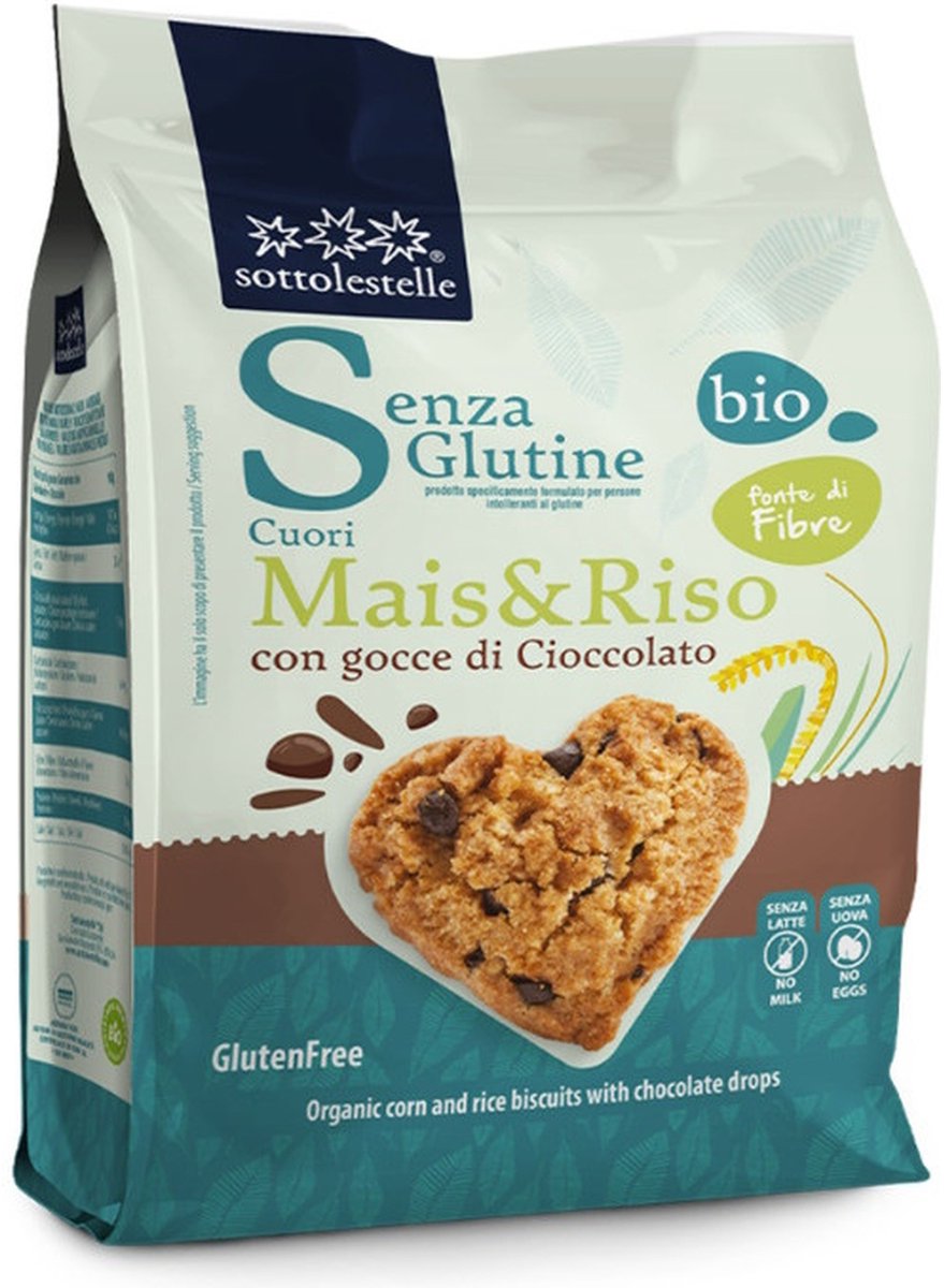 Maïs- en rijstkoekje met biologische glutenvrije chocoladestukjes 250 g|Corn and rice cookie with organic gluten-free chocolate chips 250 g|Biscuit au maïs et au riz aux pépites de chocolat bio sans gluten 250 g