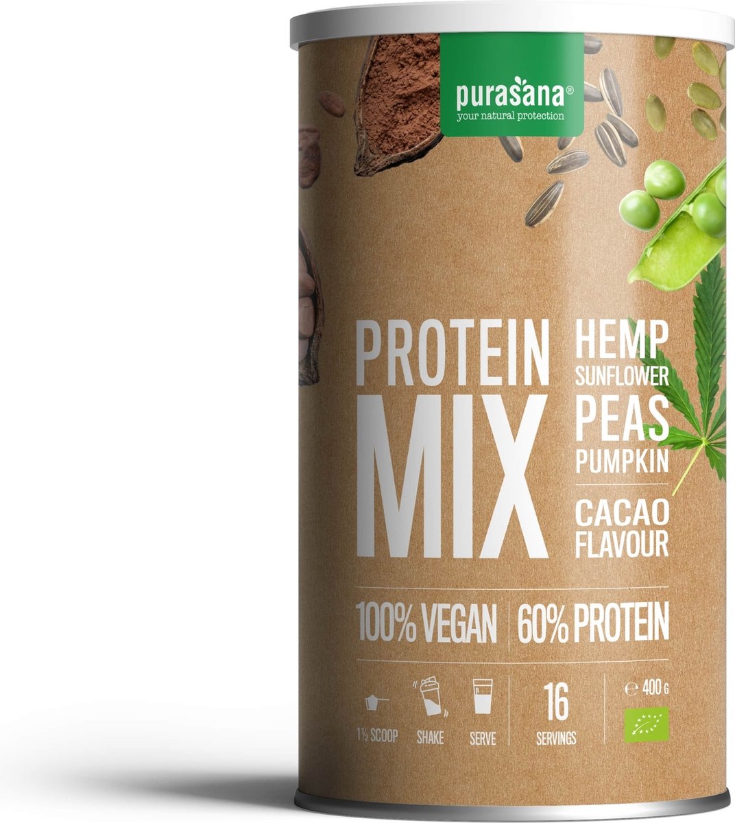 Purasana Vegan Protein Mix Erwt, Rijst, Pompoen, Zonnebloem, Hennep Cacao - Chocolade Bio 400 gr