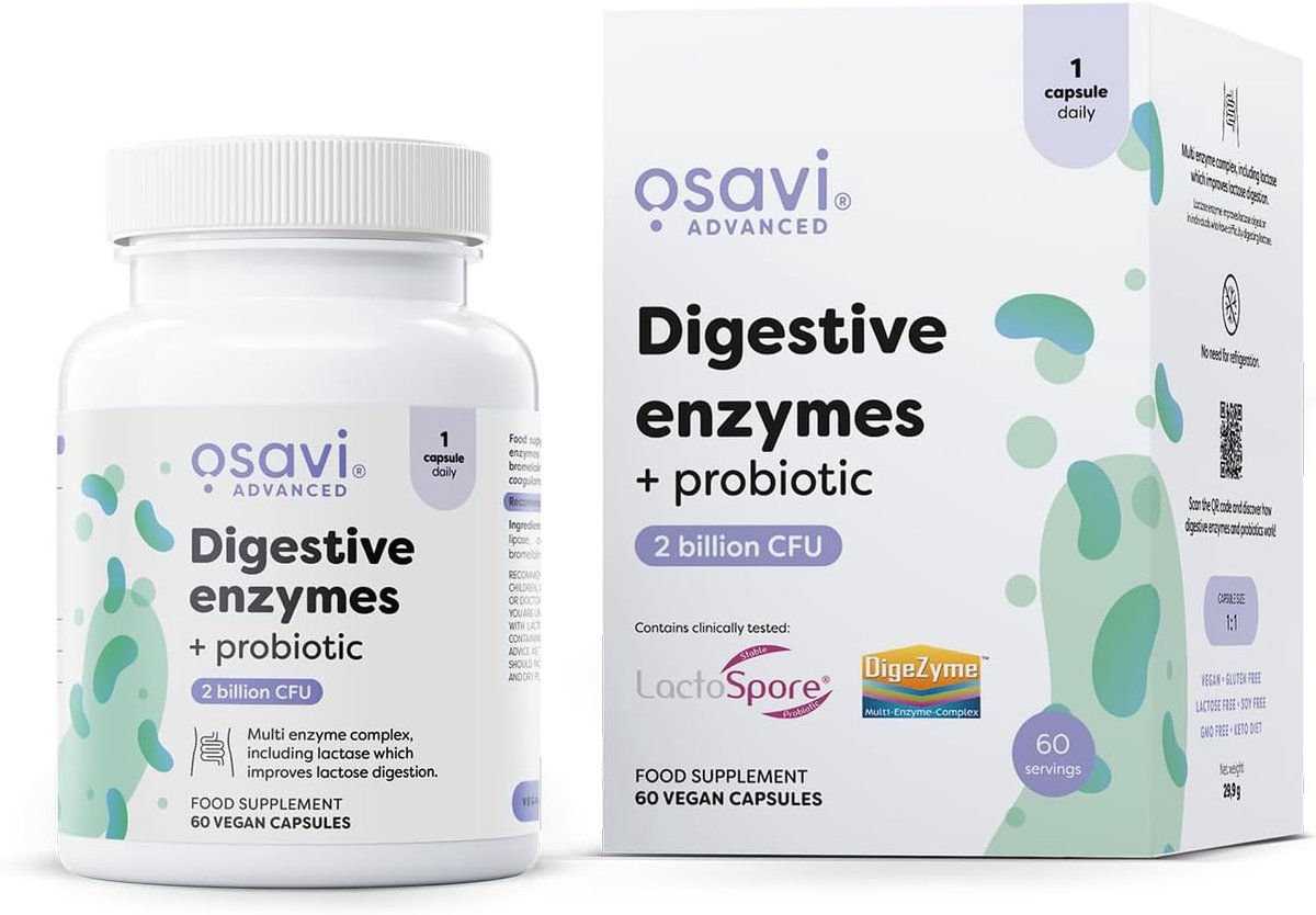 Spijsverteringsenzymen met LactoSpore® - 60 capsules - DigeZyme® & LactoSpore® - 7 enzymen waaronder lactase, papaïne & bromelaïne - Osavi