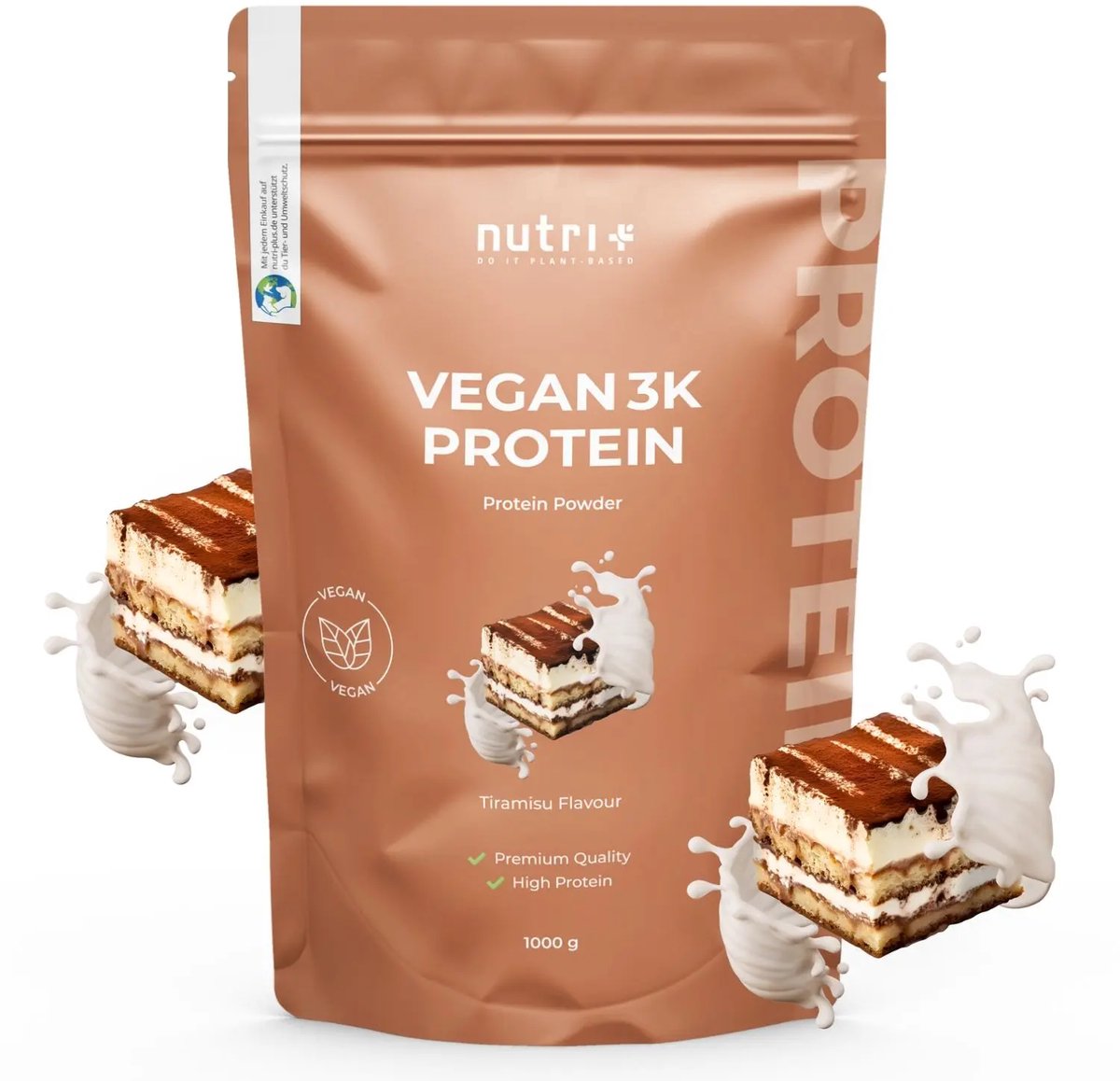 nutri+ Vegan 3K Protein - Eiwitpoeder Tiramisu - Veganistisch proteïne poeder - met proteïnen uit soja, erwten en zonnebloem - lactosevrij en glutenvrij - 1000 g