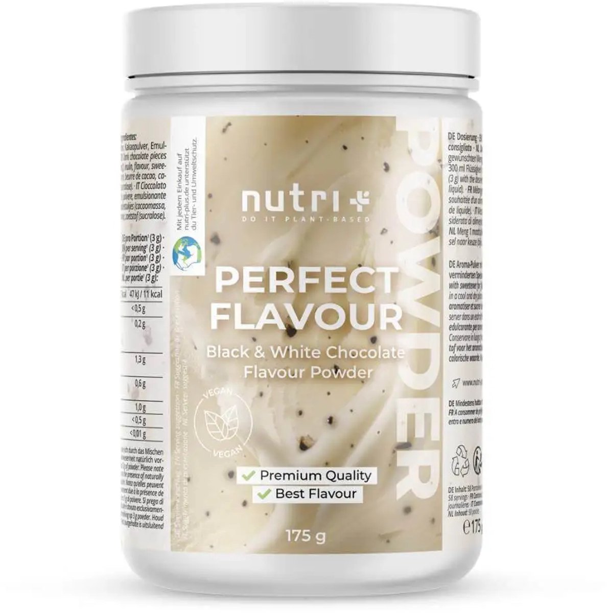 nutri+ vegan Perfect Flavour Powder - smaak: BLACK & WHITE CHOCOLATE (175g) - voeg smaak toe aan eiwitshakes, kwark, smoothies, pudding