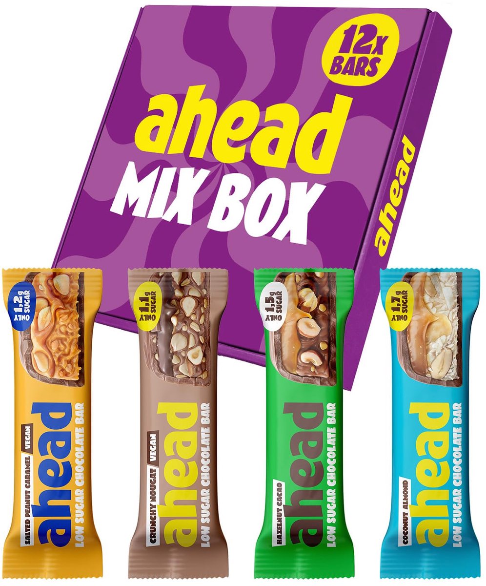 Ahead Chocoladereep - Suikerarme Chocolade Repen - Doos - Low Sugar, Low Carb Chocolate Bar - Max 2,1g Suiker per Reep