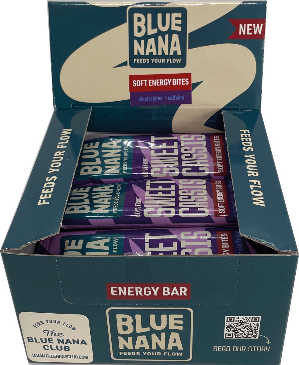 Blue Nana Soft Energy Bites Sweet Cassis Caffeine - Display Box - 15x 3x13g - 33g Kohlenhydrate pro Riegel - Elektrolyte - Koffein - 60% fruit