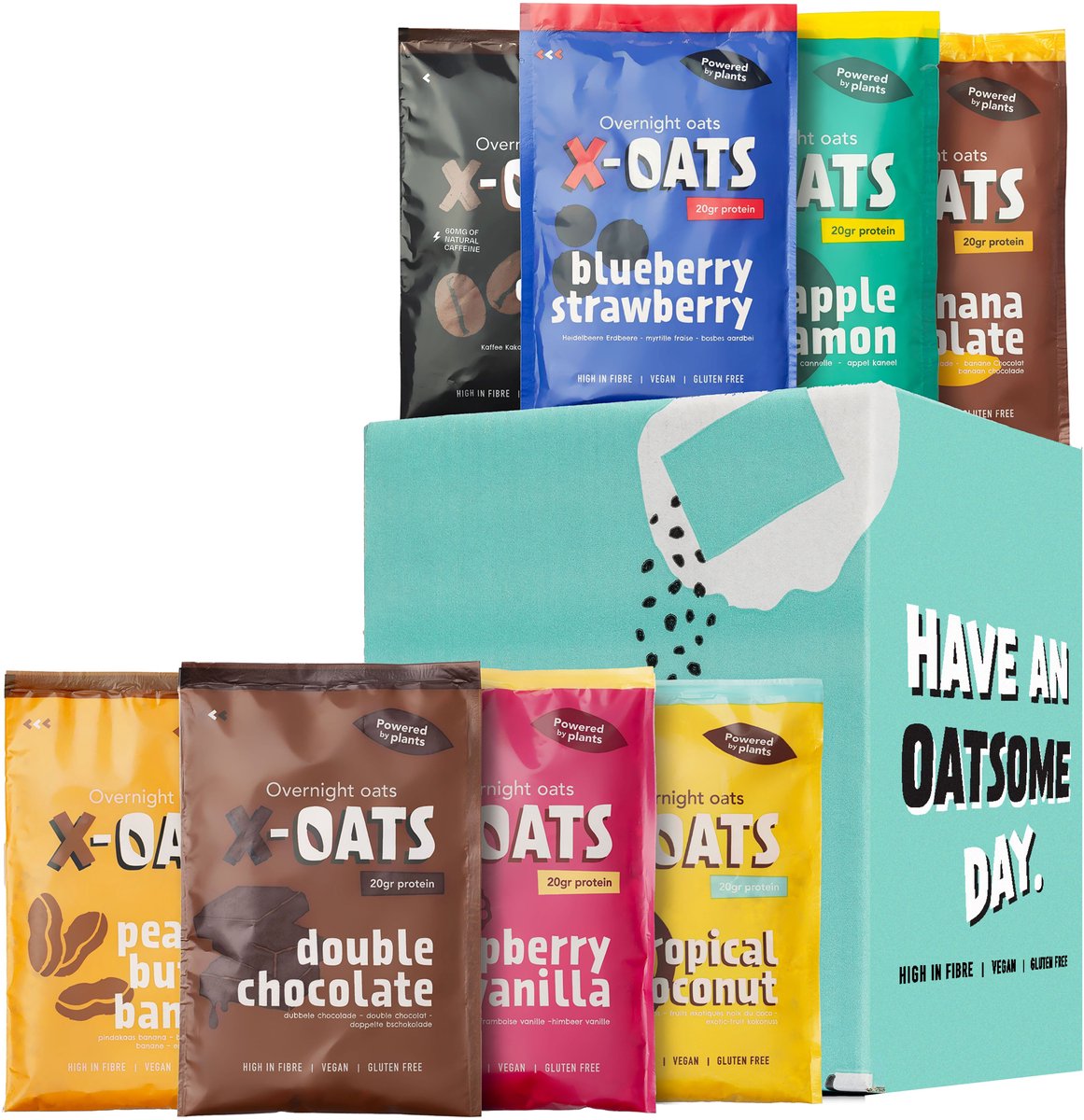 X-OATS Overnight Oats Ontbijtshake - Proteïneshake & Maaltijdshake - Vegan Glutenvrij Suikerarm - 20g Eiwit - 8-pack 8 Smaken Mix Zonder Shaker
