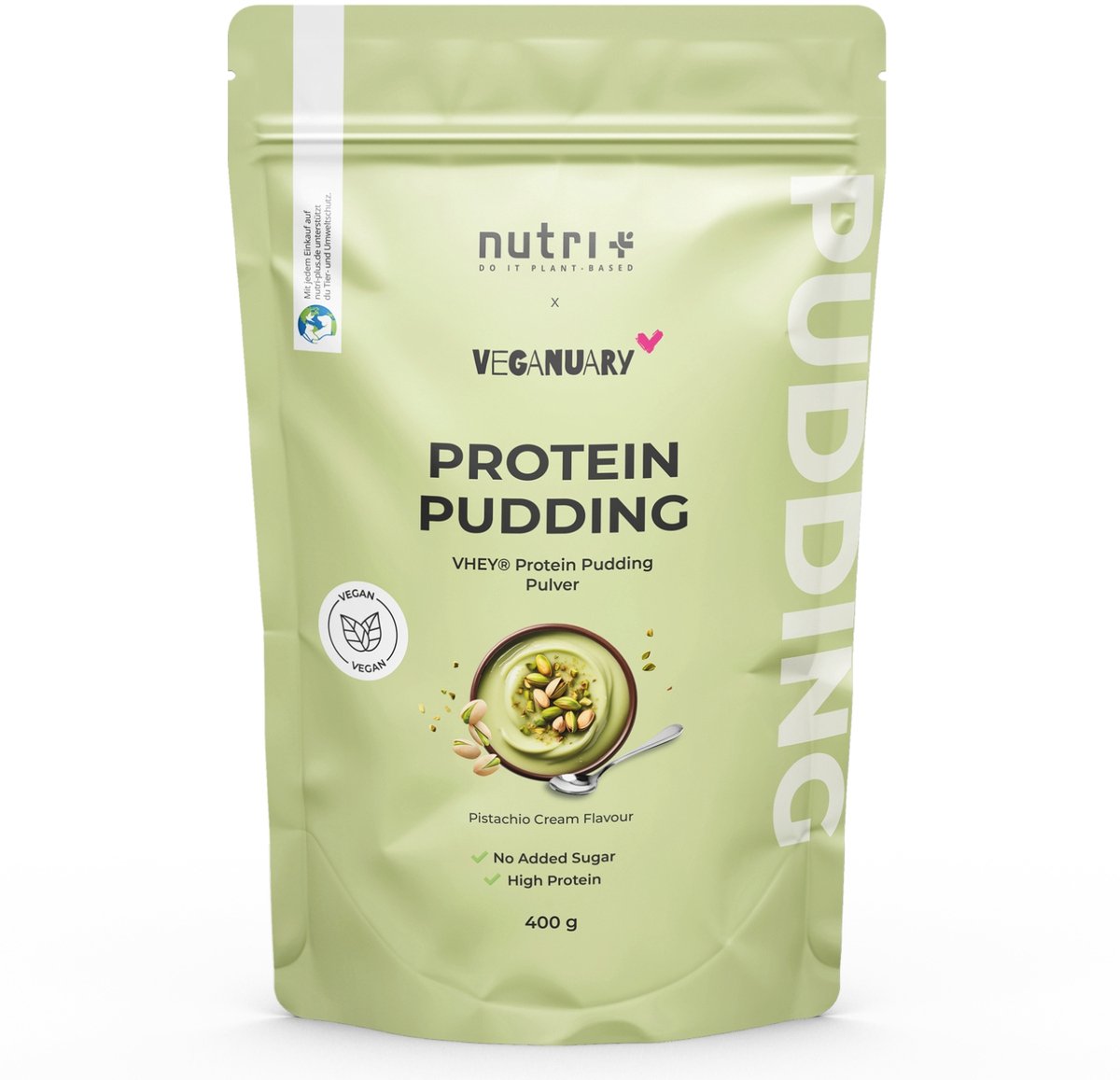 nutri+ VHEY Protein Pudding - maak zelf je vegan eiwitpudding met smaak Pistache (400 g)
