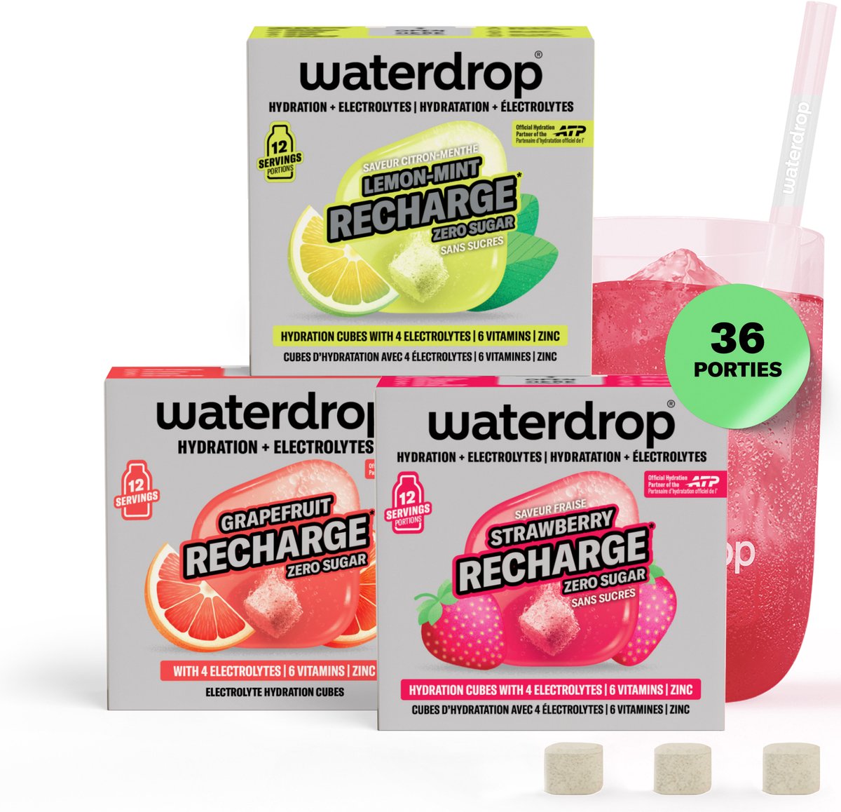 waterdrop® Elektrolyt-Mix ohne Zucker - 36 Wassertabletten mit Magnesium, Kalzium, Natrium, Chlorid & Zink - Sport & Flüssigkeitszufuhr - Erdbeere, Grapefruit & Zitrone-Minze