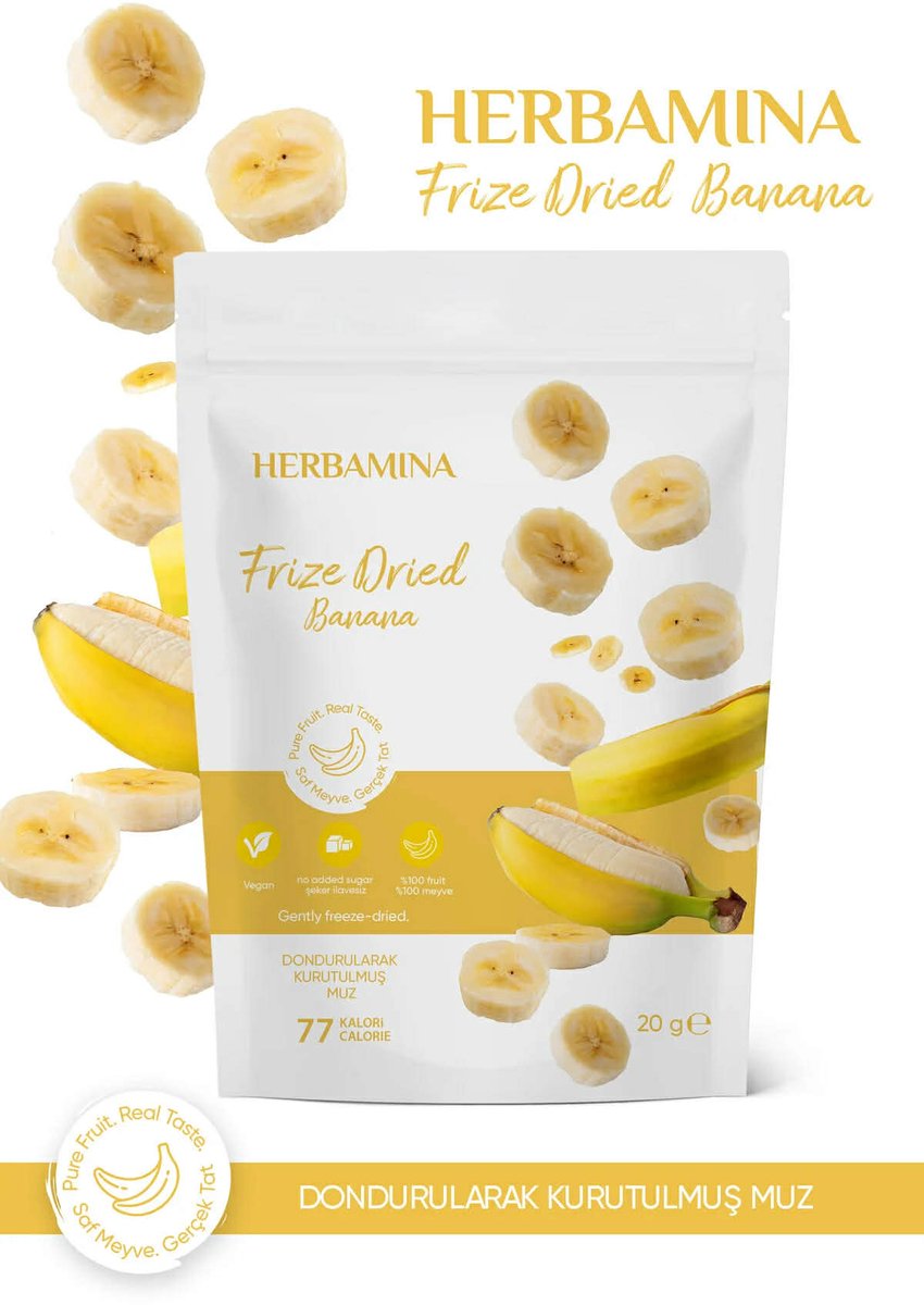 Herbamina Gevriesdroogde Banaan 20g - Freeze Dried Banaan Snack 20g - 100% Fruit - Knapperige Fruit Chips - Vegan & Zonder Toegevoegde Suiker