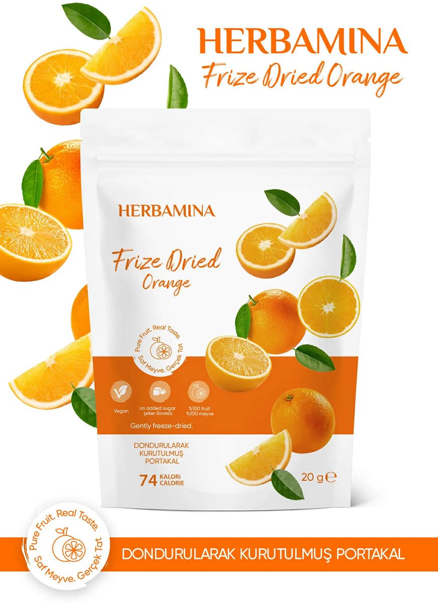 Herbamina Gevriesdroogde Sinaasappel 20g - Freeze Dried Orange Snack - 100% Fruit - Knapperige Fruitsnack - Zonder Toegevoegde Suikers - Vegan