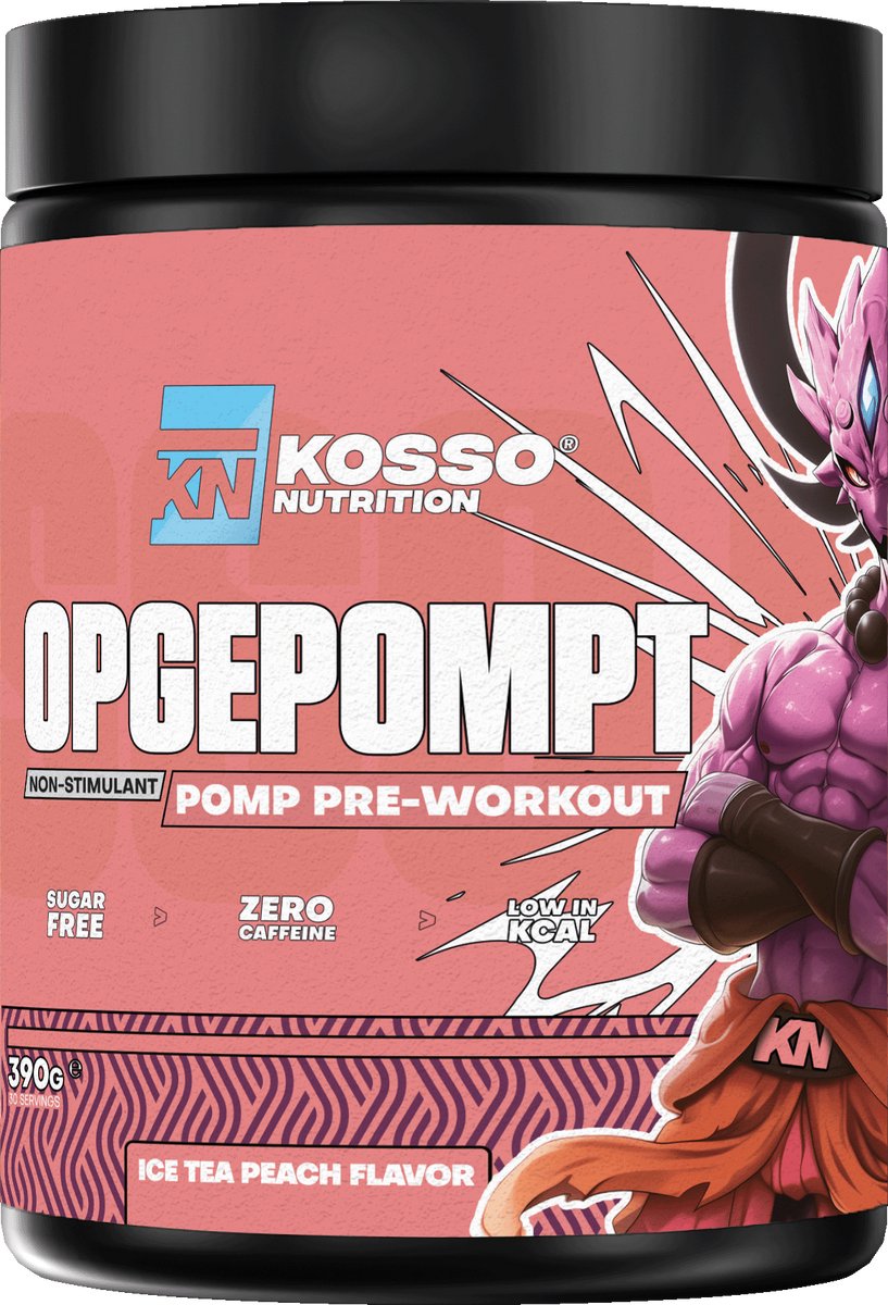 Kosso Nutrition - Opgepompt - Perzik - Cafeïnevrije Pre-Workout - Pomp & Focus - 390g
