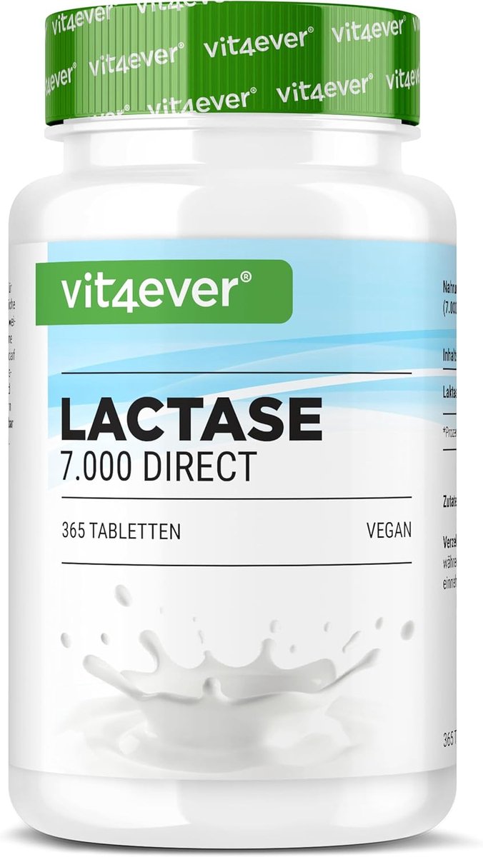 Lactase 7.000 - 365 tabletten met onmiddellijk effect - Hooggedoseerd met 7.000 FCC-eenheden - Voor lactose-intolerantie + melk-intolerantie - Zonder ongewenste toevoegingen - Veganistisch