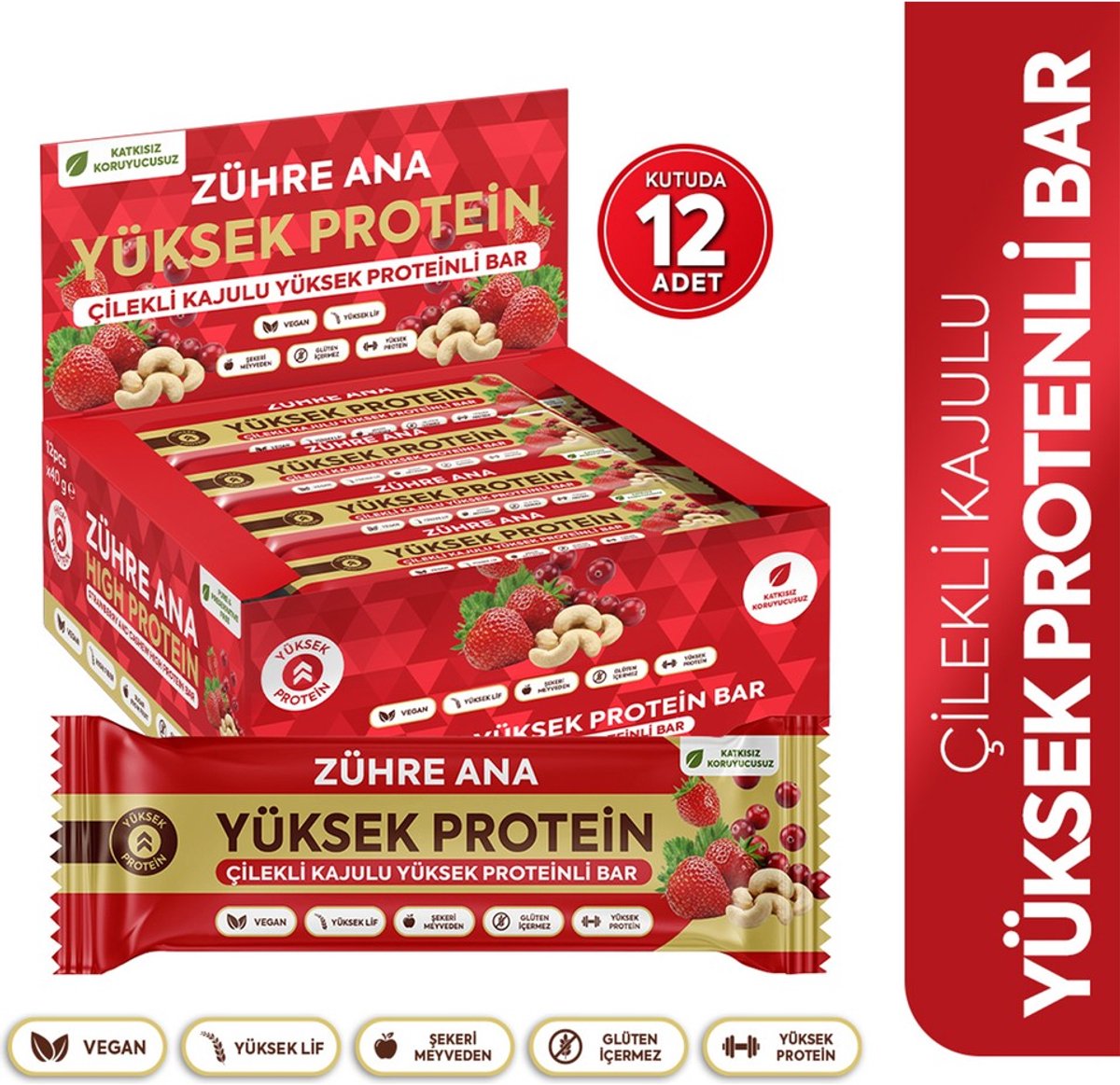 Zühre Ana Aardbei & Cashew Hoog-Proteïne Reep 40 gr - 12-pack | Vegan, Glutenvrij, Zonder Toegevoegde Suikers