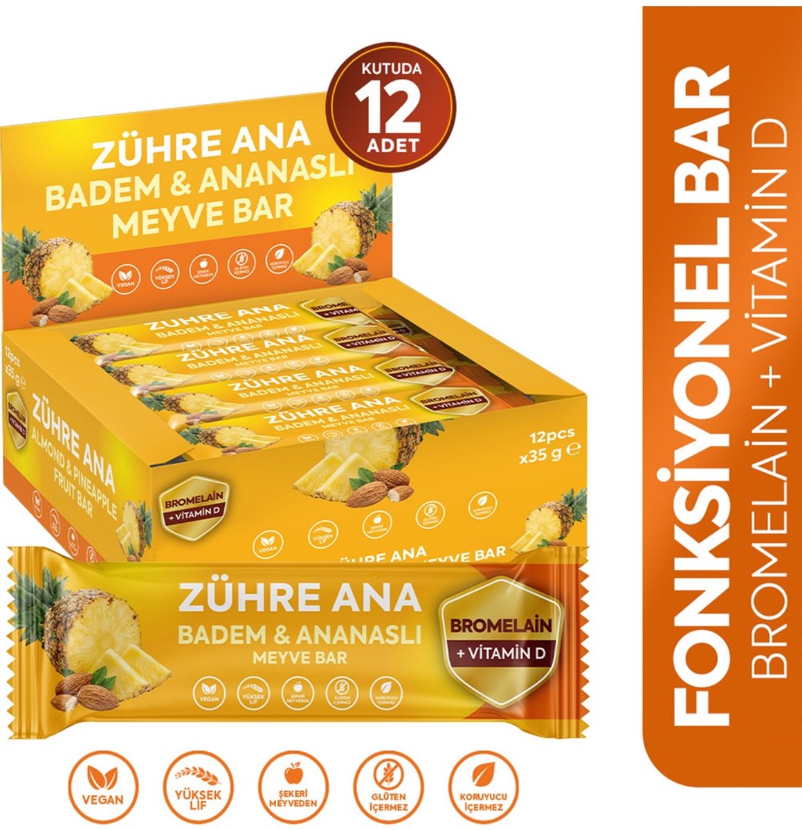 Zühre Ana Ananas & Amandel Fruitreep met Bromelaïne & Vitamine D 35 gr - 12-pack | Vegan, Glutenvrij, Zonder Toegevoegde Suikers
