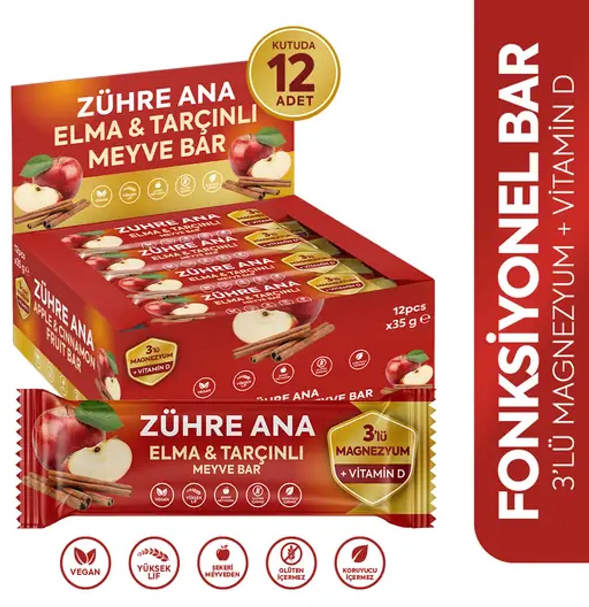 Zühre Ana Appel & Kaneel Fruitreep met 3-voudig Magnesium & Vitamine D 35 gr - 12-pack | Vegan, Glutenvrij, Zonder Toegevoegde Suikers
